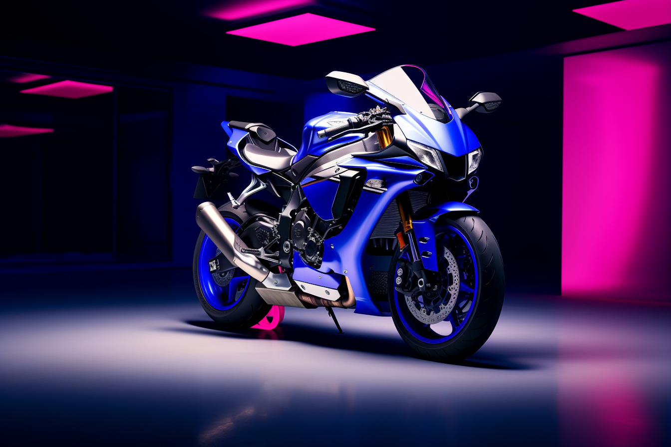 Yamaha R1, 2021 model, elevated angle, solid-color backdrop, contrast blue, white, HD Desktop Image