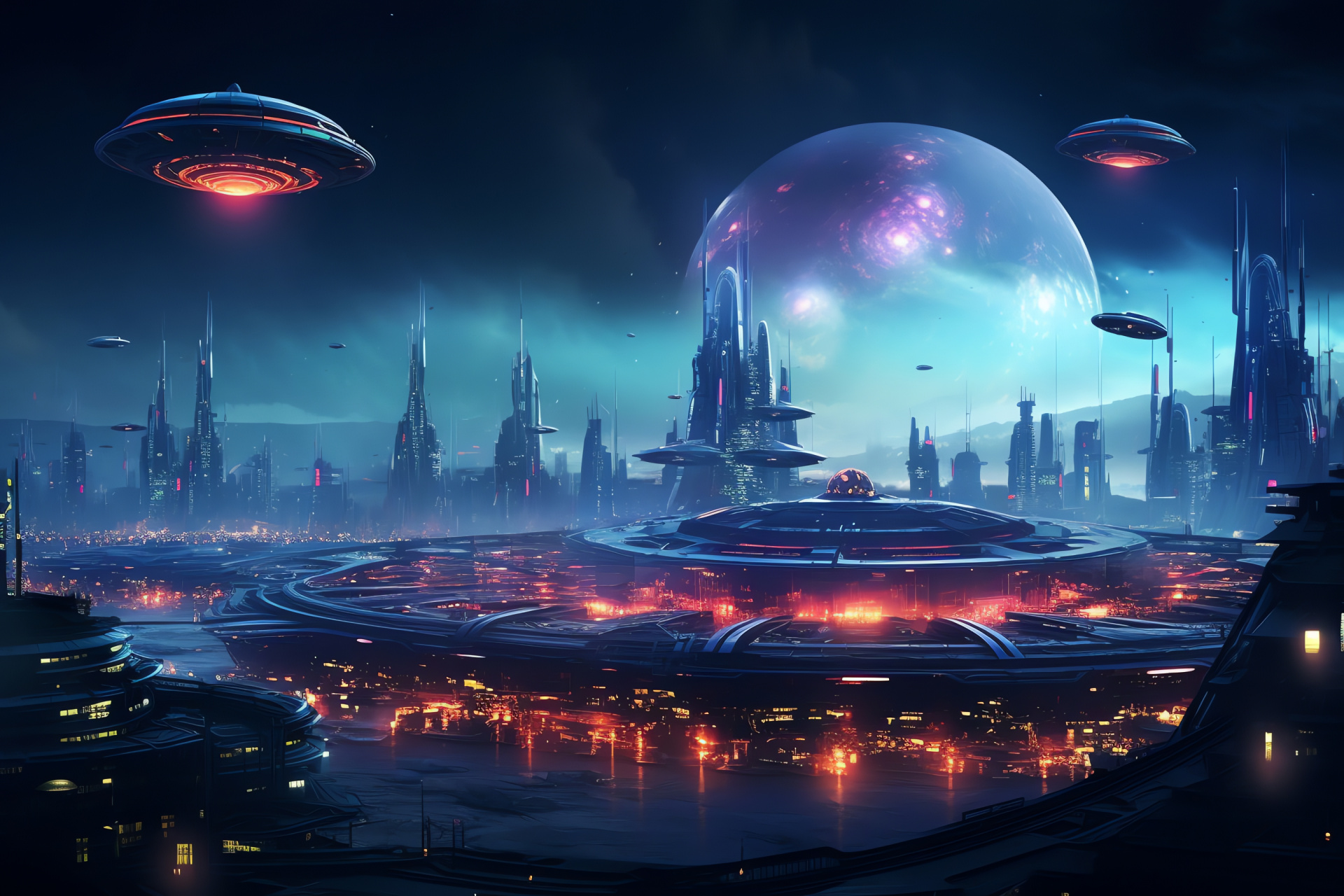 Alien metropolis, cosmic civilization, off-world scenery, extraterrestrial urbanity, interstellar skyline, HD Desktop Image
