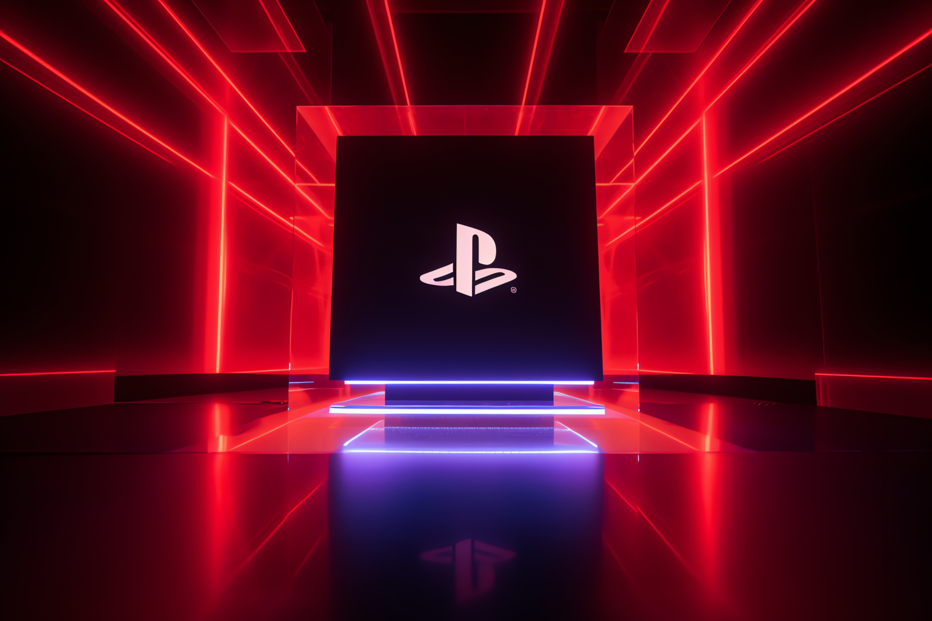 Bold PS4 console logo, Backdrop of crimson hue, PlayStation emblem design, Abstract glowing effect, Brightly colored insignia, HD Desktop Wallpaper