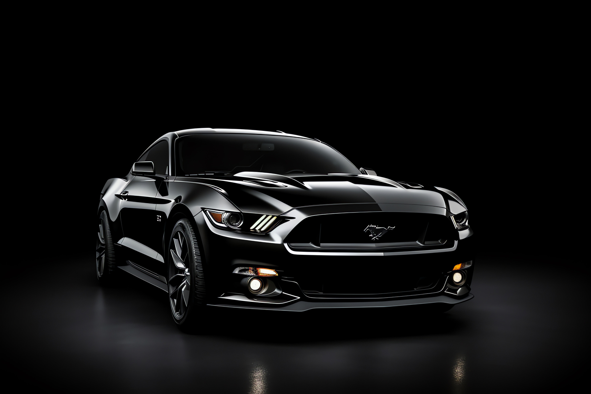 Mustang HD against black, Mysterious design lines, Sleek sports car aesthetic, Modern car styling, Sophisticated ambiance, HD Desktop Image