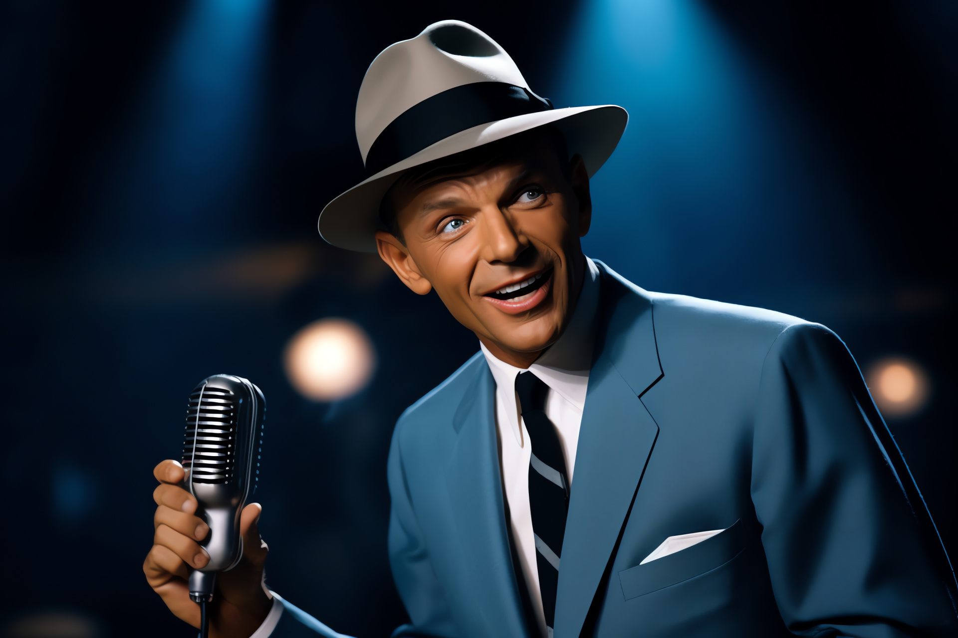 Frank Sinatra, Rat Pack lead singer, Crooner's stage presence, Elegant outfit, Classic music icon, HD Desktop Image