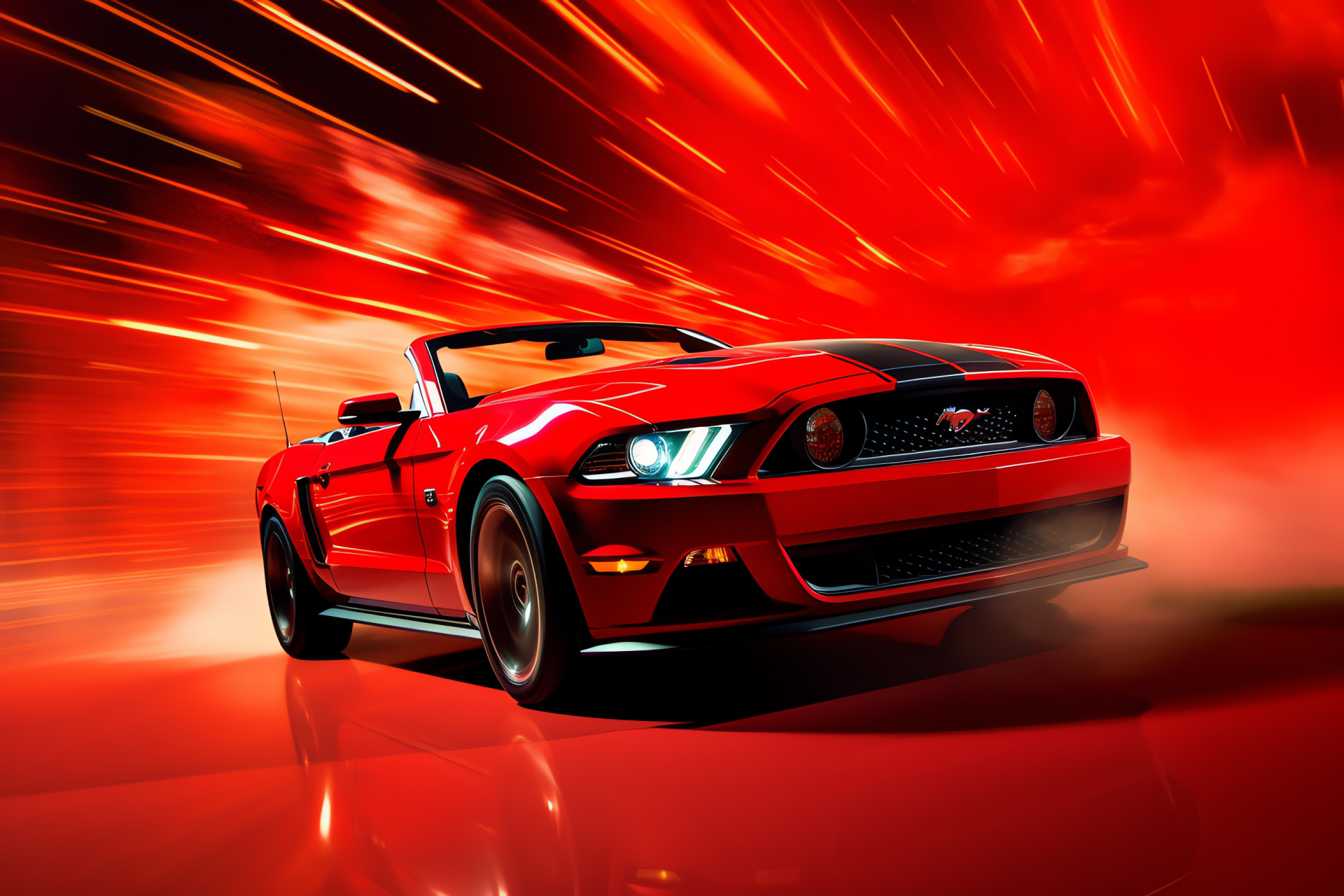 Mustang model, Intense red hue, Mustang engine roar, Sportscar silhouette, High-performance vehicle, HD Desktop Wallpaper