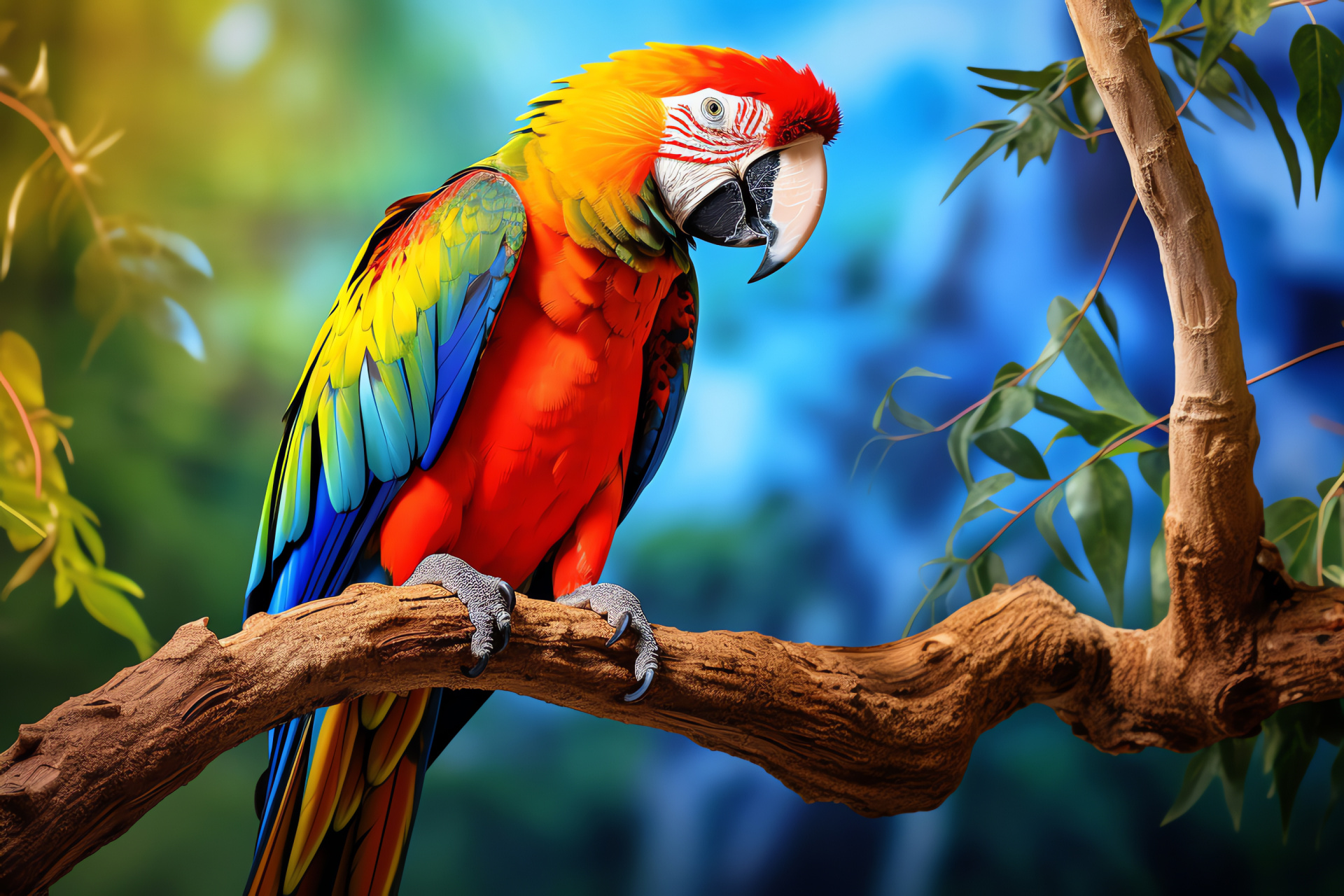 Parrot species, Avian colors, Bird branch rest, Color gradient backdrop, Captivating birdlife, HD Desktop Image
