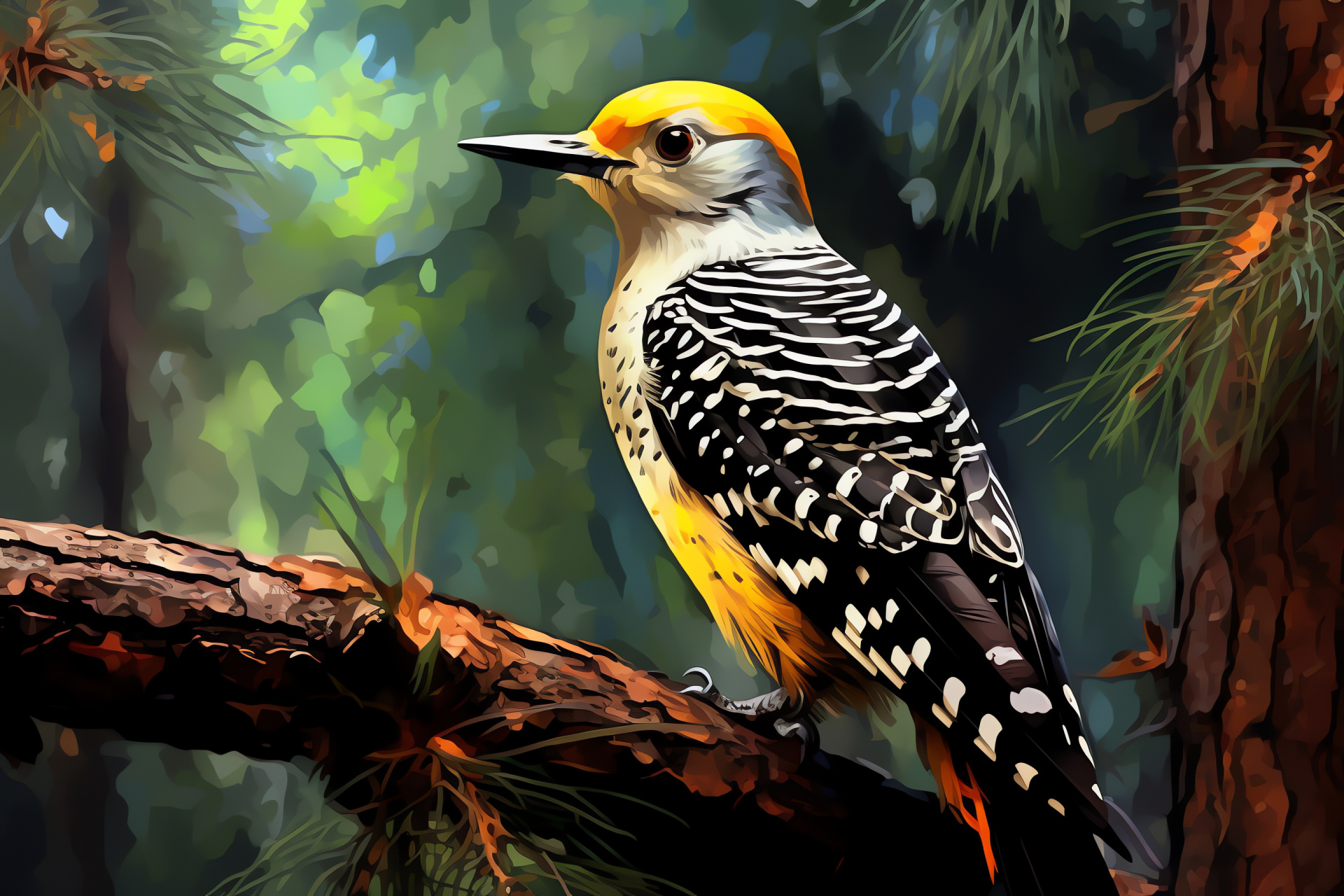 Golden-fronted Woodpecker, avian bark pattern, bright head plumage, arboreal habitat, expansive ecosystem, HD Desktop Wallpaper