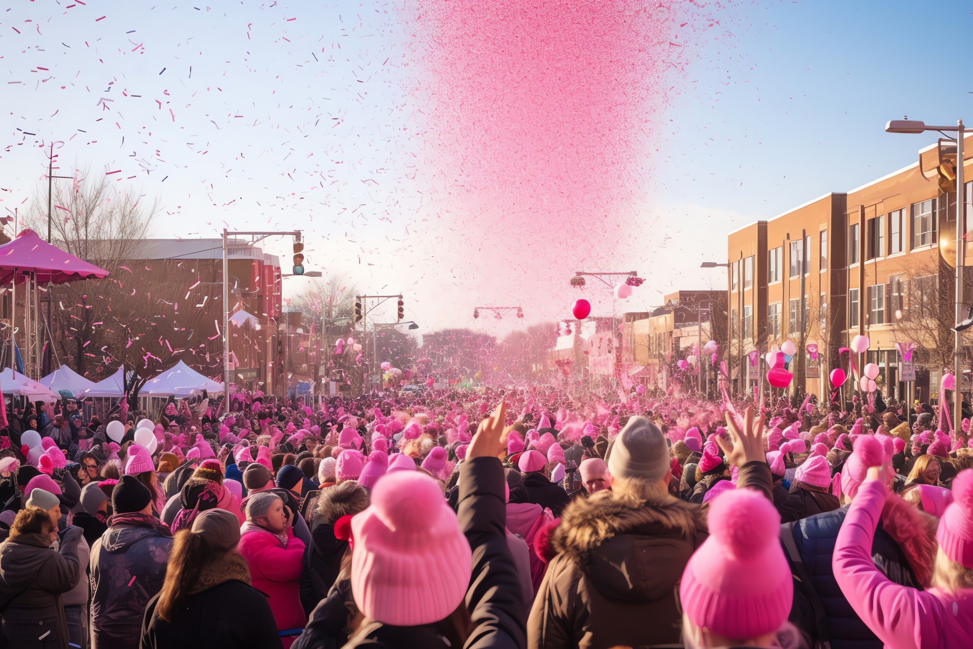 Holiday parade with pink hues, Joyous street celebration, Festive characters in roseate, Spirited Christmas party, HD Desktop Image