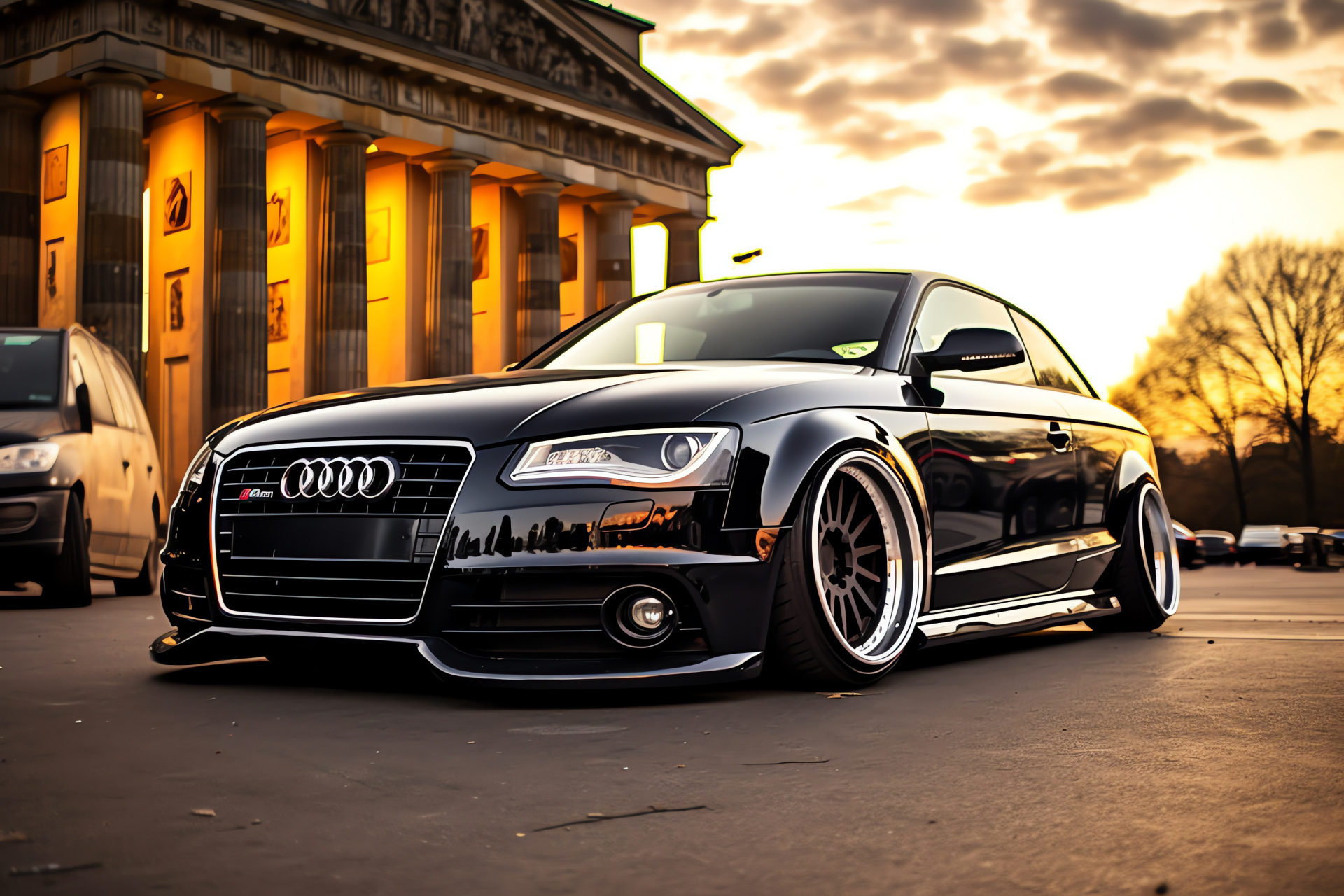 Berlin-styled slammed car, German tuning, Mitte backdrop, performance modifications, niche wheels, HD Desktop Wallpaper