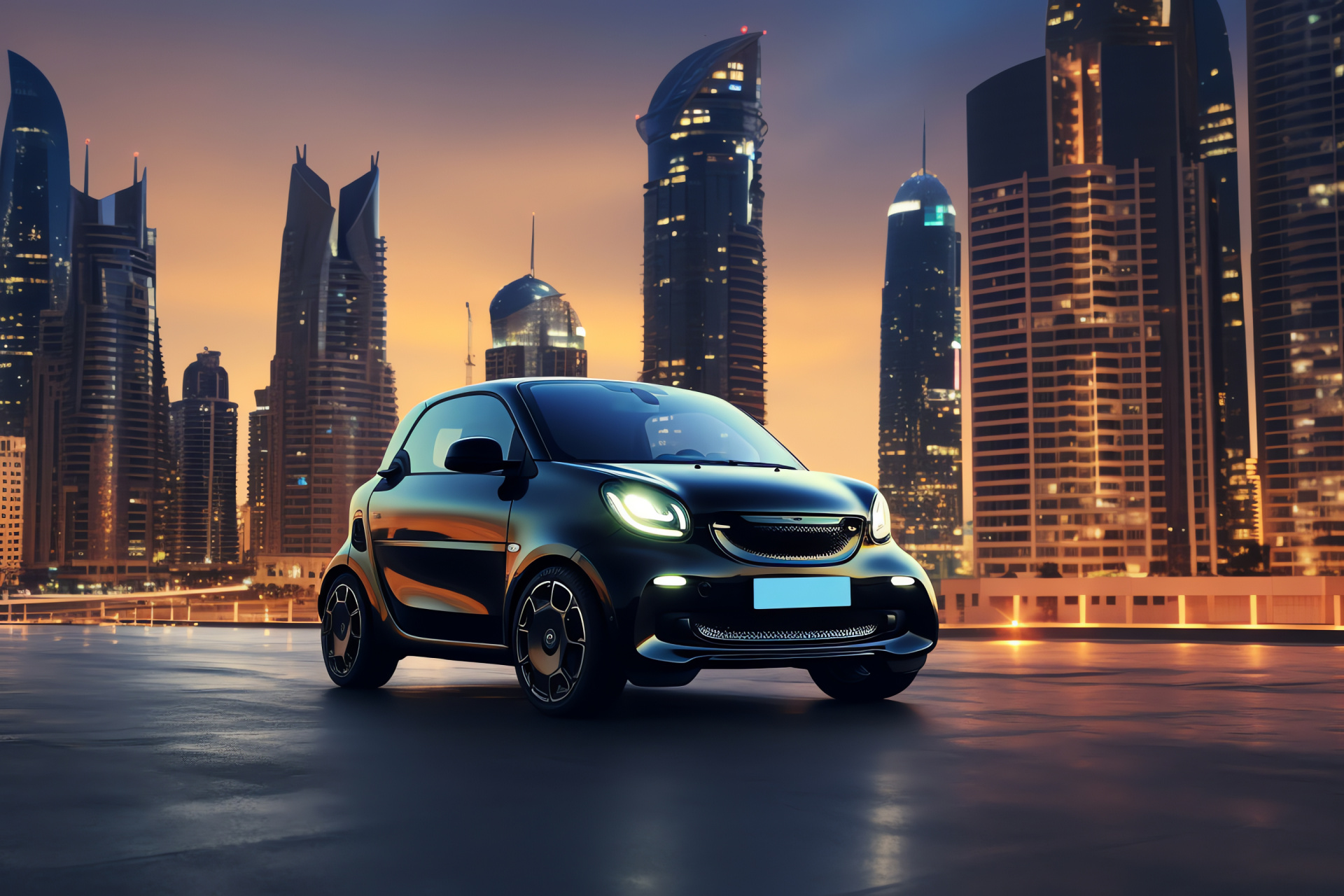 Smart Car ForTwo EQ, Dubai luxury, Sheikh Zayed Road, futuristic urban, black sleek design, HD Desktop Image