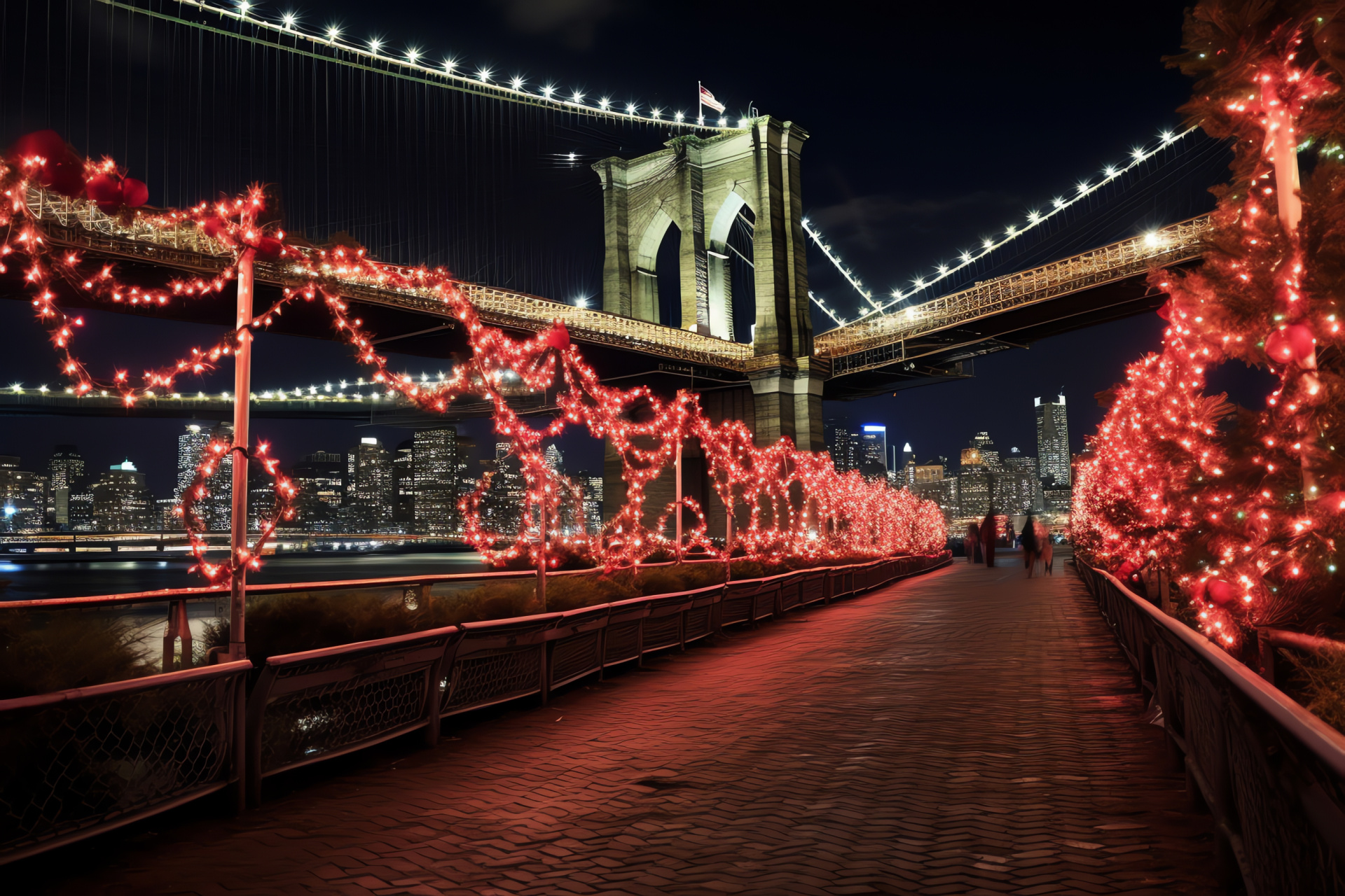 New York's Yuletide panorama, Iconic bridge with lights, Festive urban decorations, Waterfront holiday ambiance, Brooklyn holiday soundtrack, HD Desktop Wallpaper