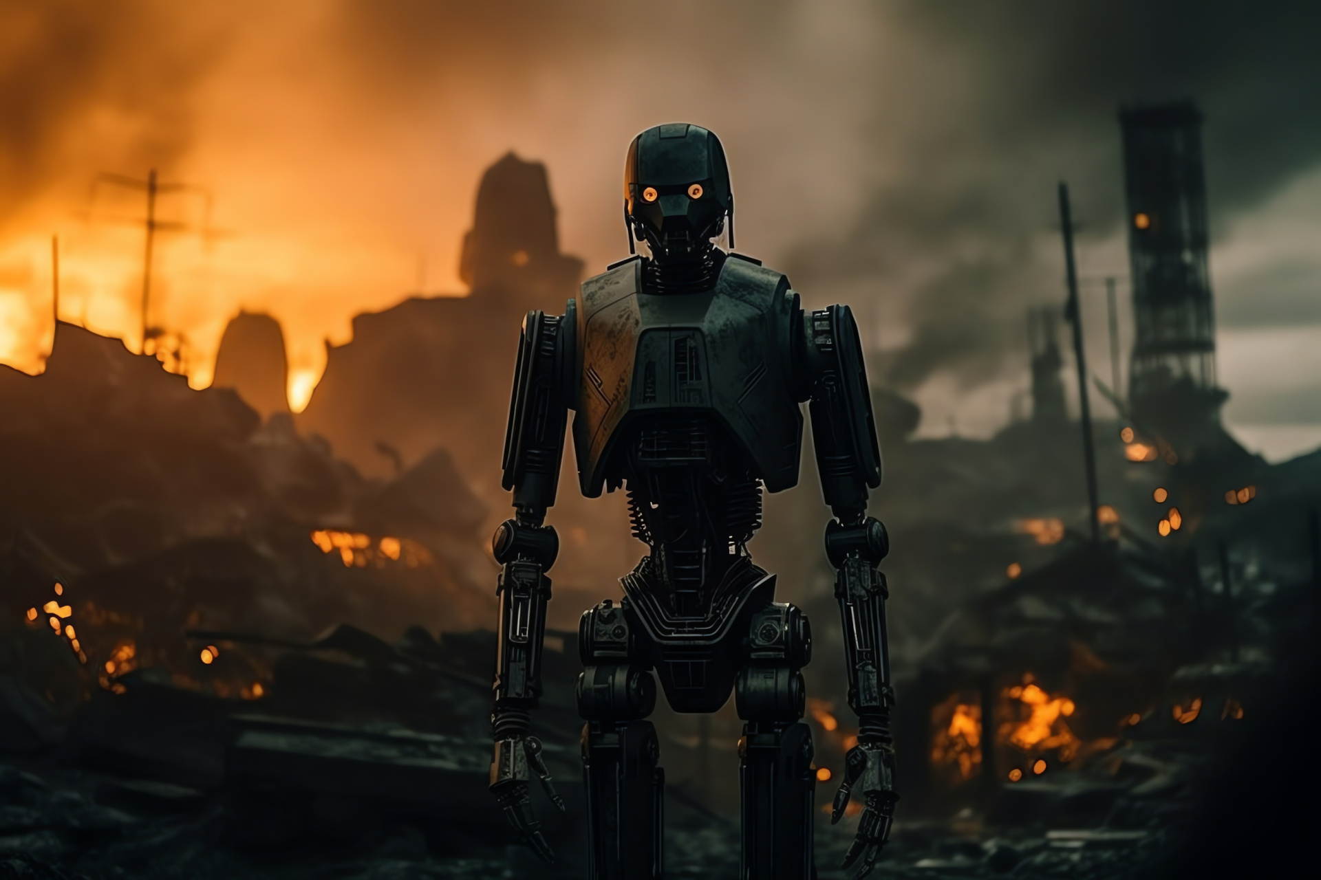 Rogue One warfare, K-2SO on battlefield, Devastated terrain, Military hardware, Sci-fi antagonists, HD Desktop Wallpaper