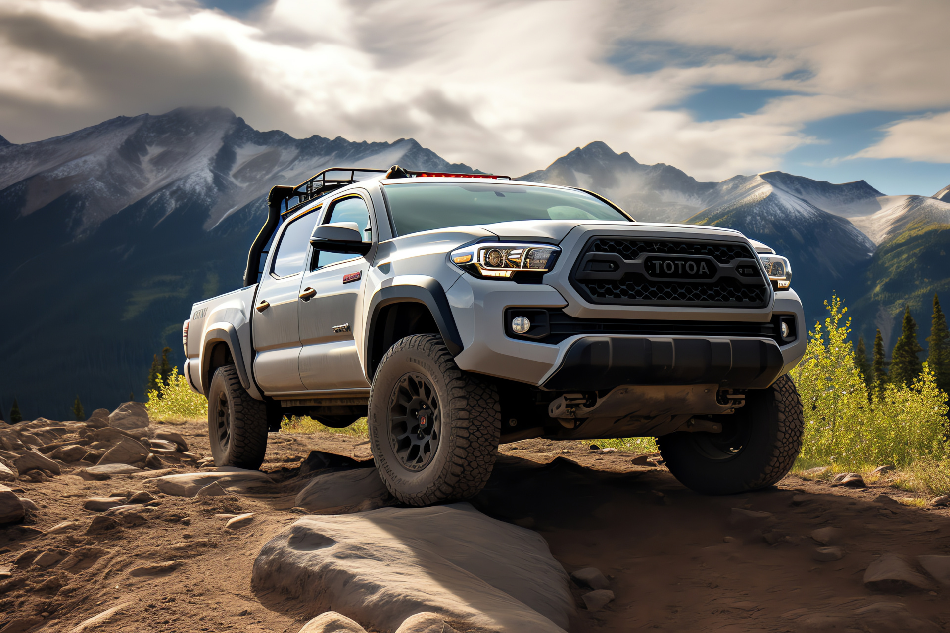 Toyota with TRD upgrade, mountainous path terrain, Tacoma TRD Sport, tailored suspension, rocky trails, HD Desktop Wallpaper