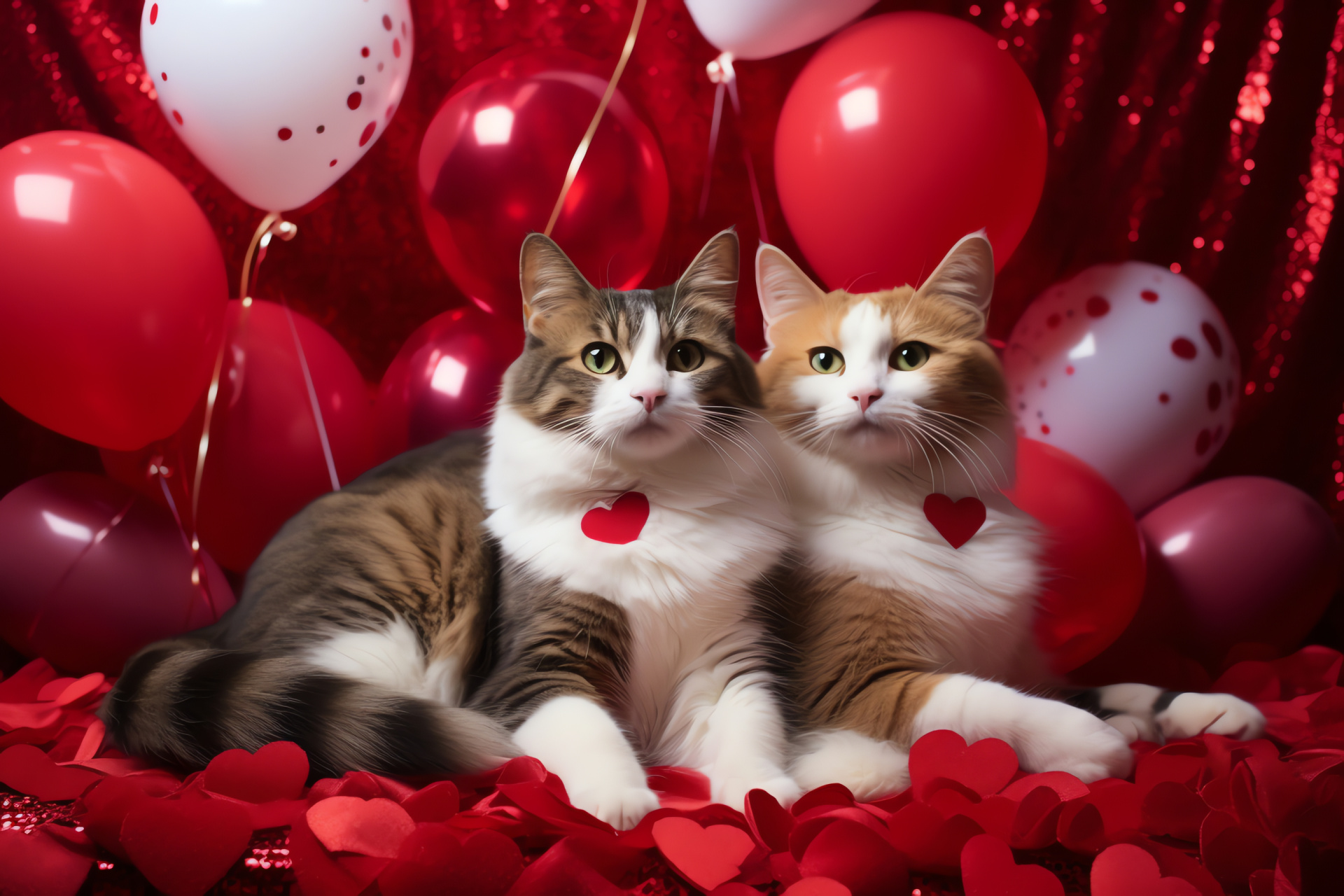 Amorous holiday cats with angelic attire, feline romance symbols, loving pet adornments, Valentine's fashion for cats, heart-shaped feline patterns, HD Desktop Image