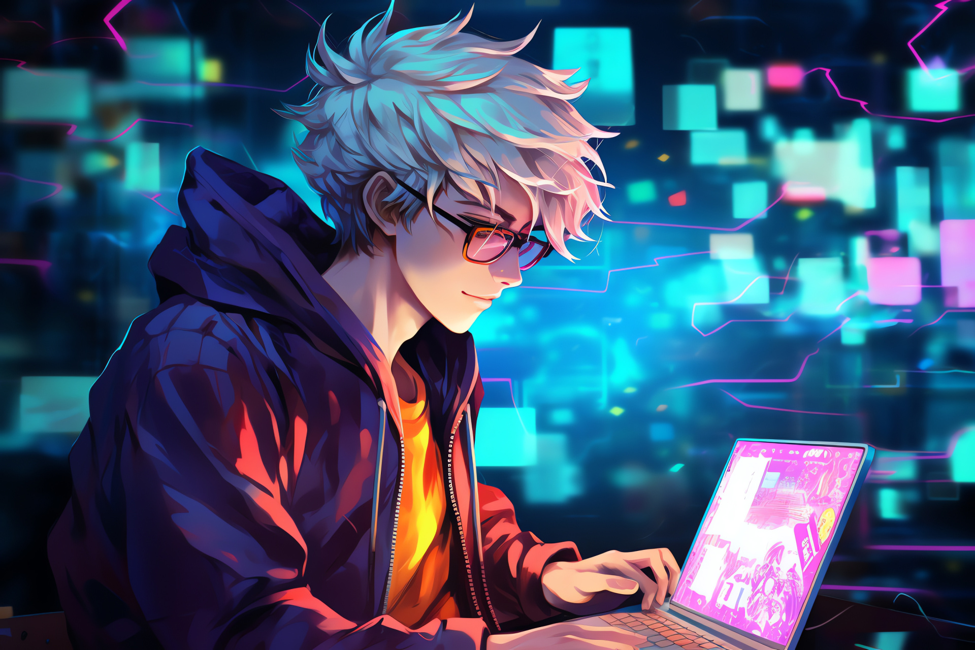 Mystic Messenger gameplay, Seven's hacking ability, Multiple virtual screens, Programming theme, Code lines graphic, HD Desktop Image