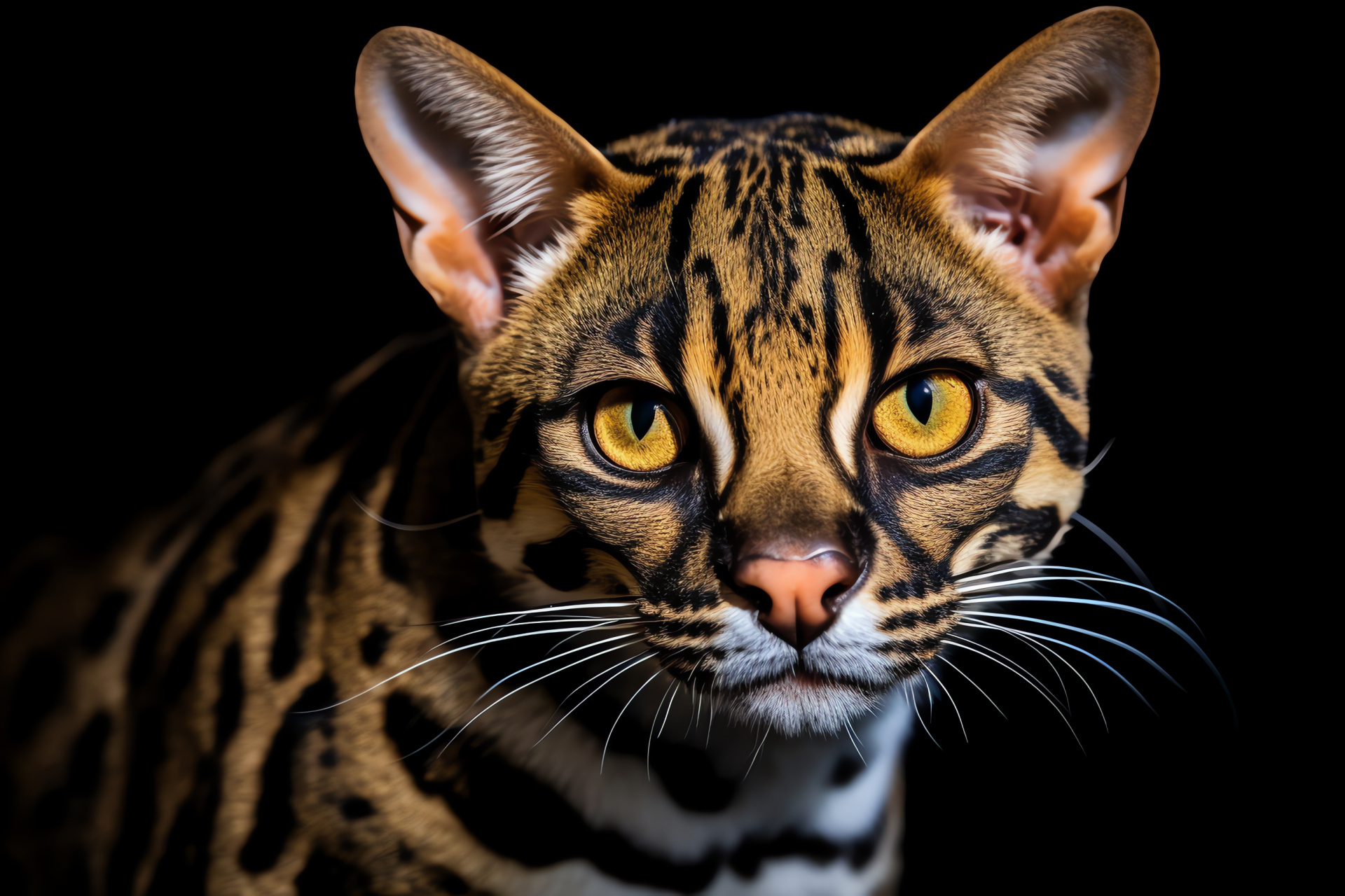 Dark feline Ocelot, Striking amber gaze, Exotic wild creature, Sleek black coat, Mysterious animal, HD Desktop Image