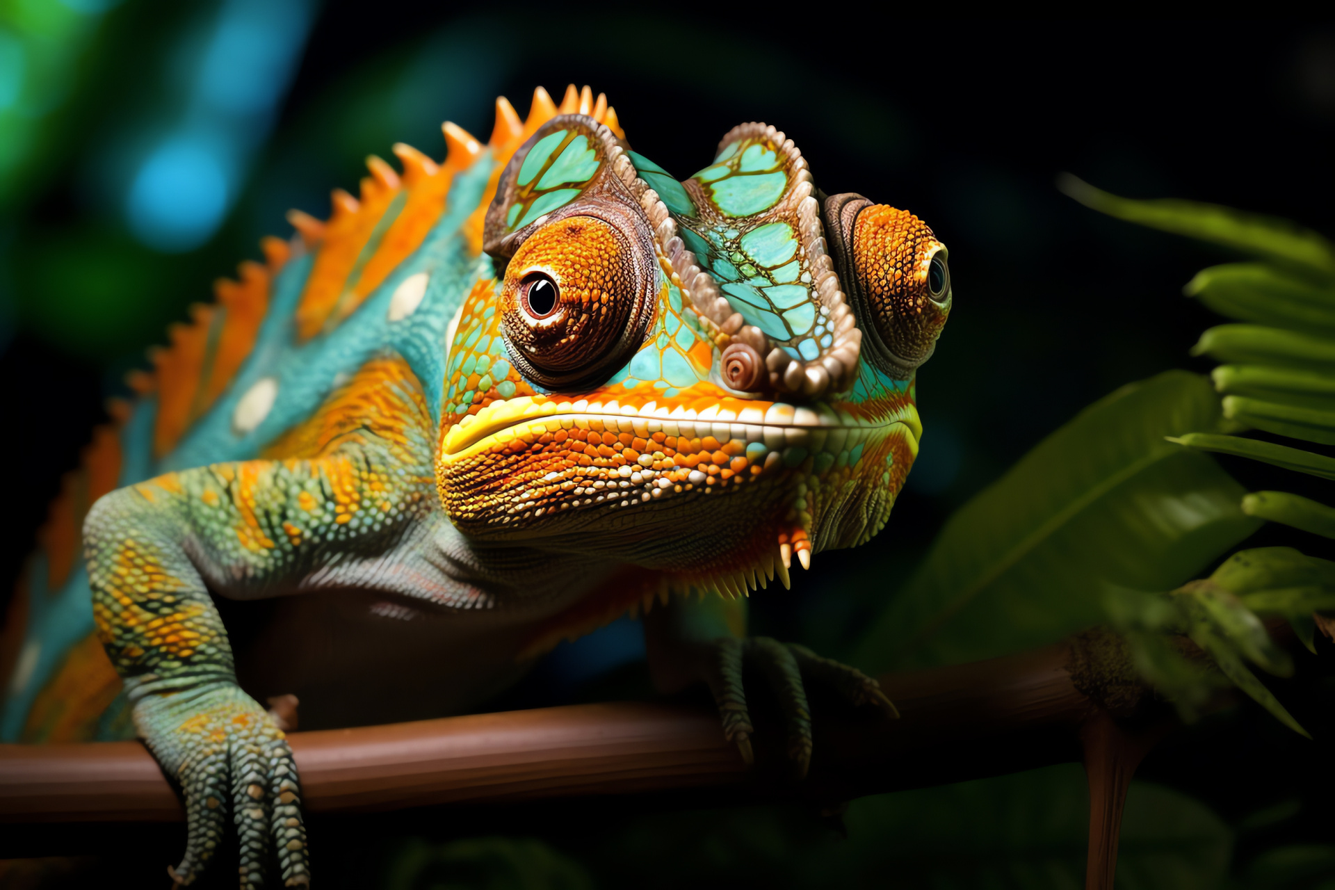 Veiled chameleon, aquatic blue optics, multicolor dermal patterns, verdant rainforest habitat, HD Desktop Image