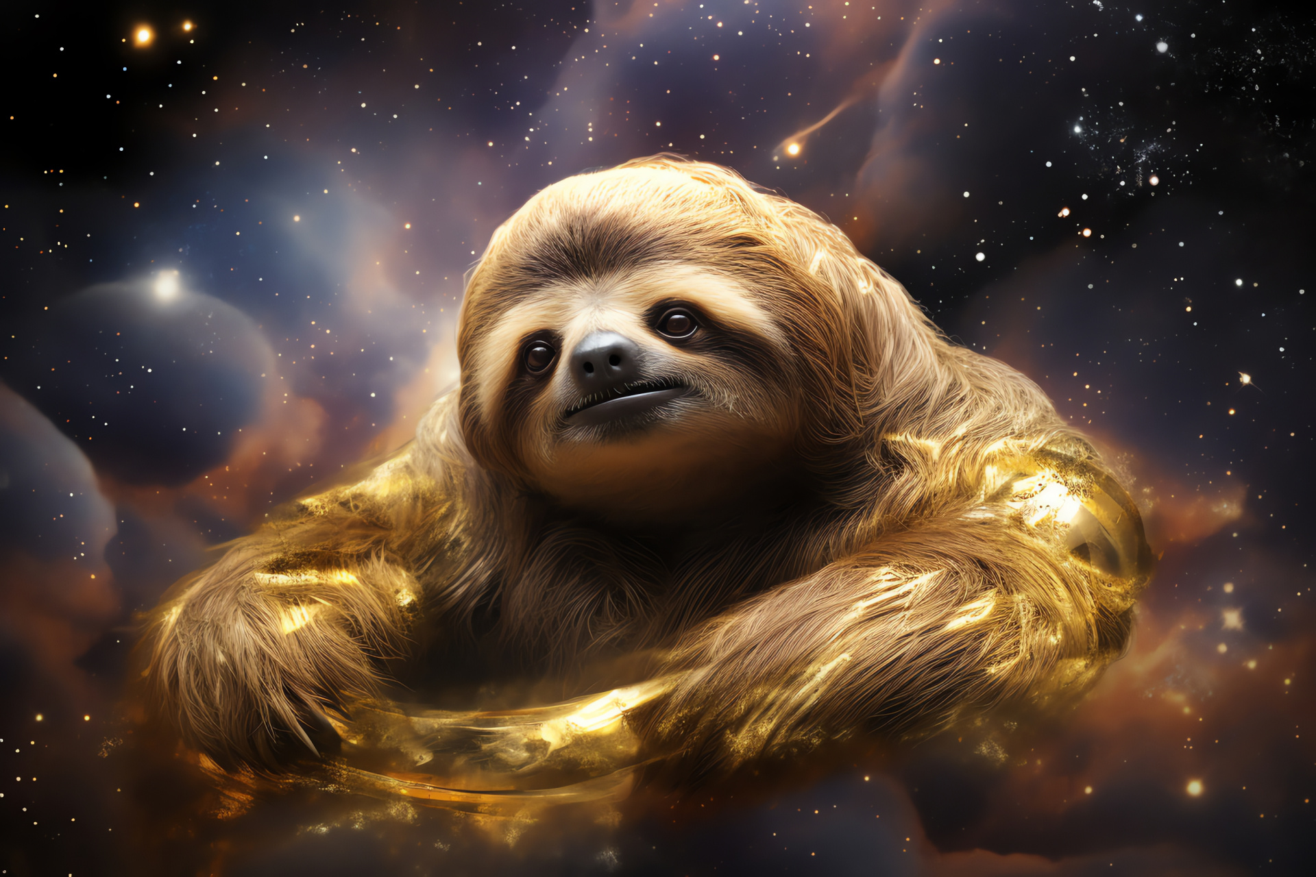 Space Sloth serene, Majestic cosmic fauna, Gold and silver sloth, Nebula-adorned sloth, Otherworldly gentle sloth, HD Desktop Image