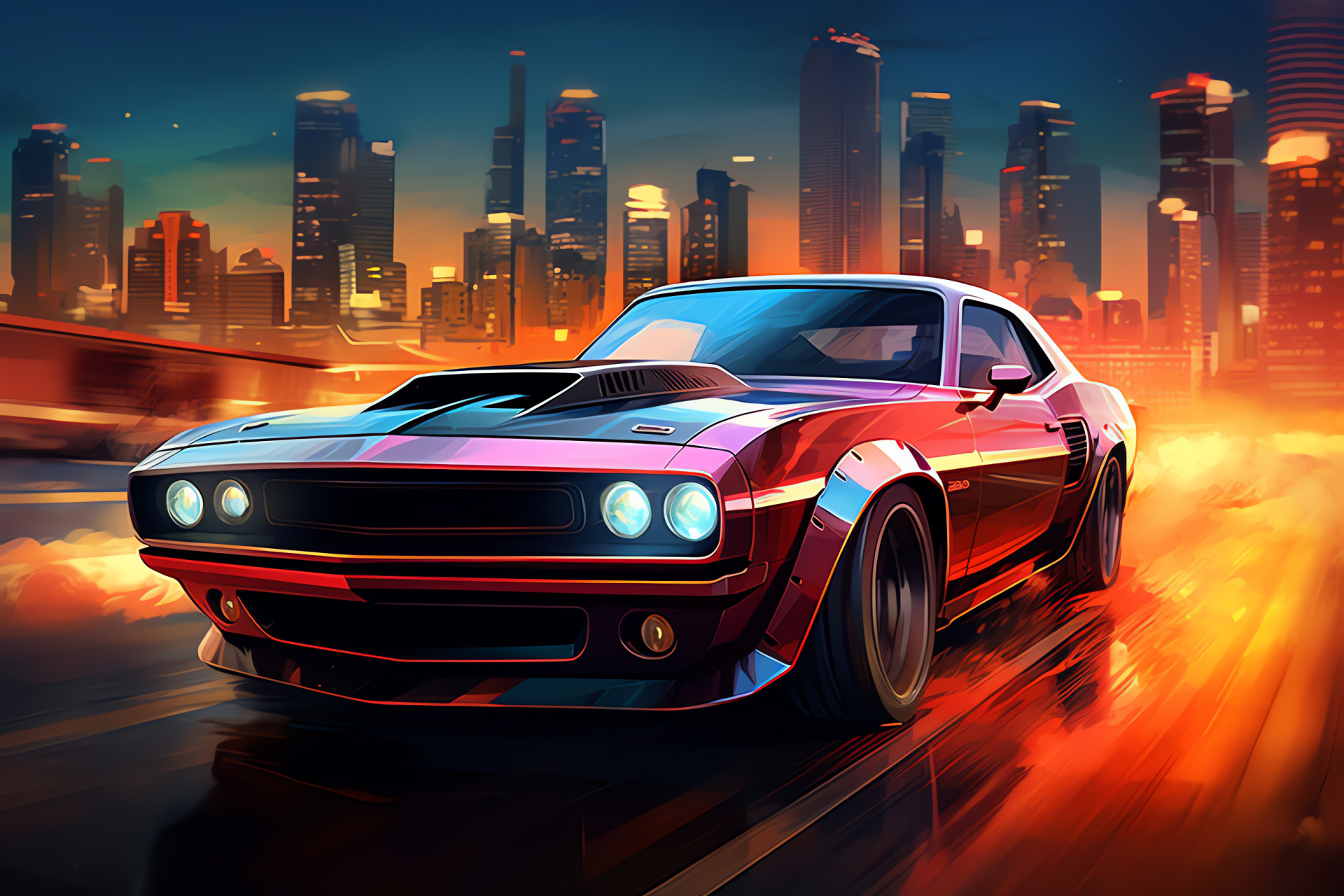 Urban muscle car, Skyline horizon, Metropolitan highway life, Accelerated travel, City adventure, HD Desktop Wallpaper