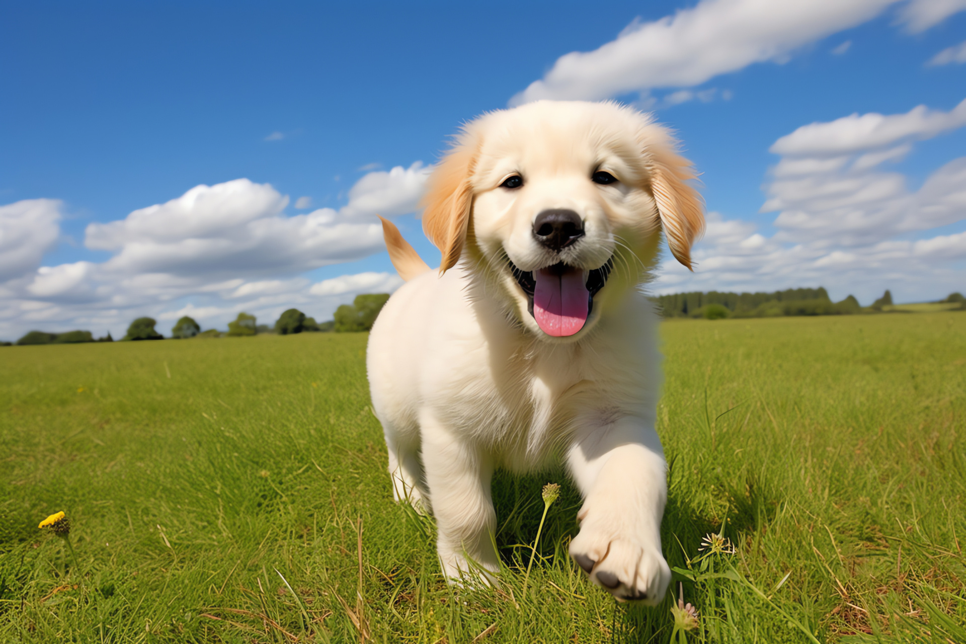 Golden retriever puppy, juvenile canine, lush green meadow, canine footprints, fluffy golden coat, HD Desktop Wallpaper
