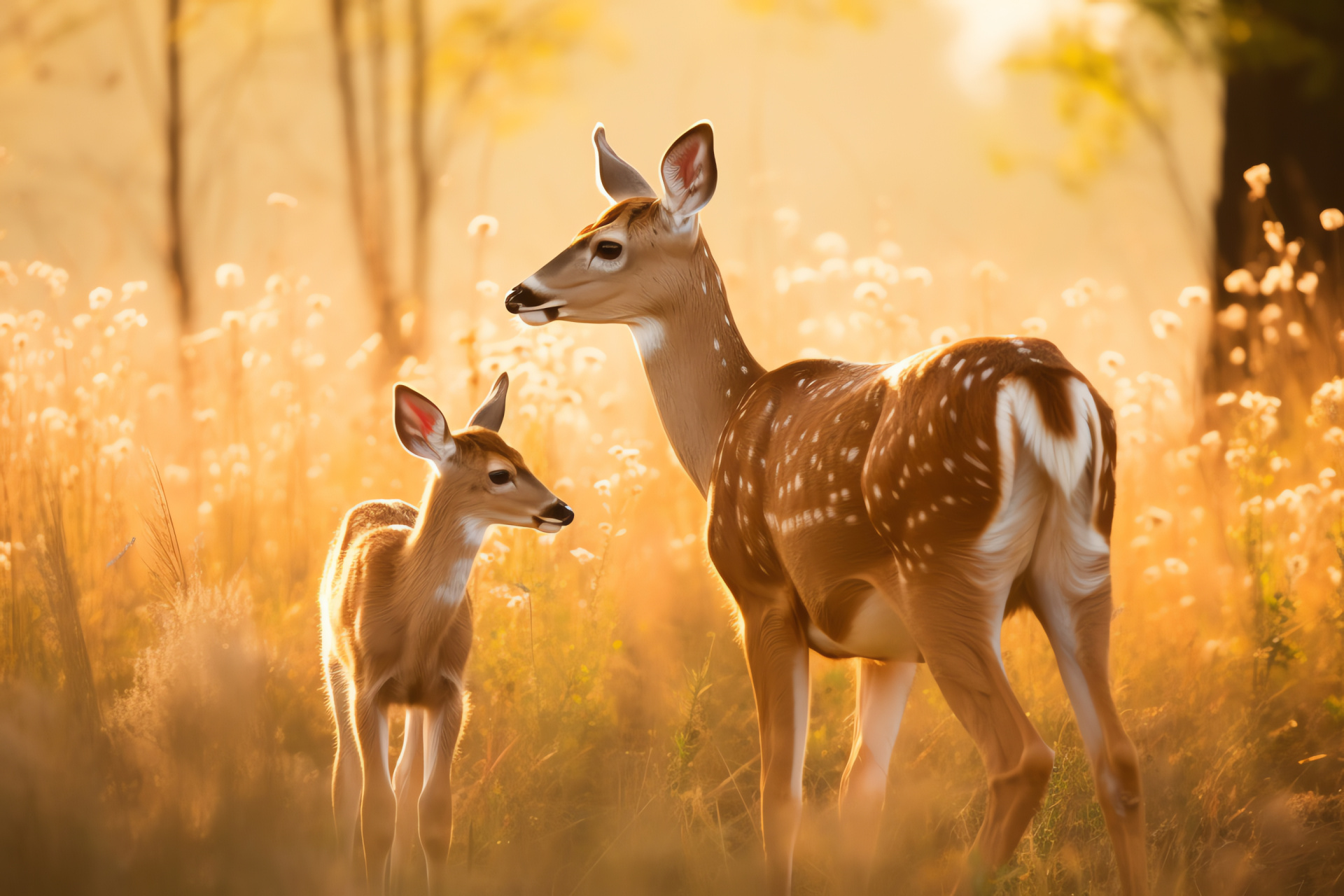 Maternal doe with offspring, Soft-coated fawns, Family unit of cervids, Tranquil woodland setting, Gentle deer demeanor, HD Desktop Image