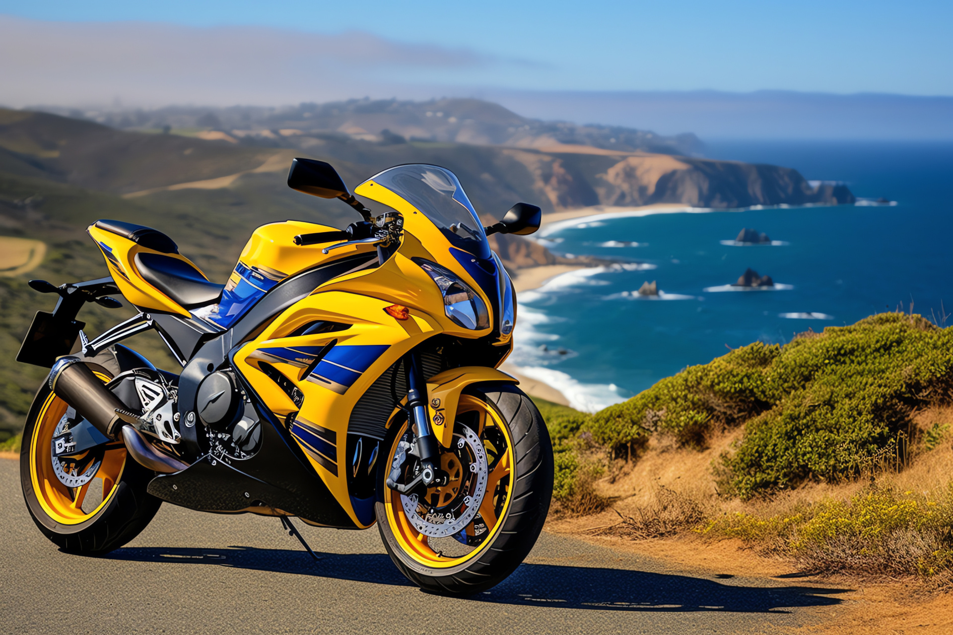 Suzuki GSXR 750, California cruising, Detailed engineering, Aerodynamic motorcycle, Coastal colors, HD Desktop Wallpaper