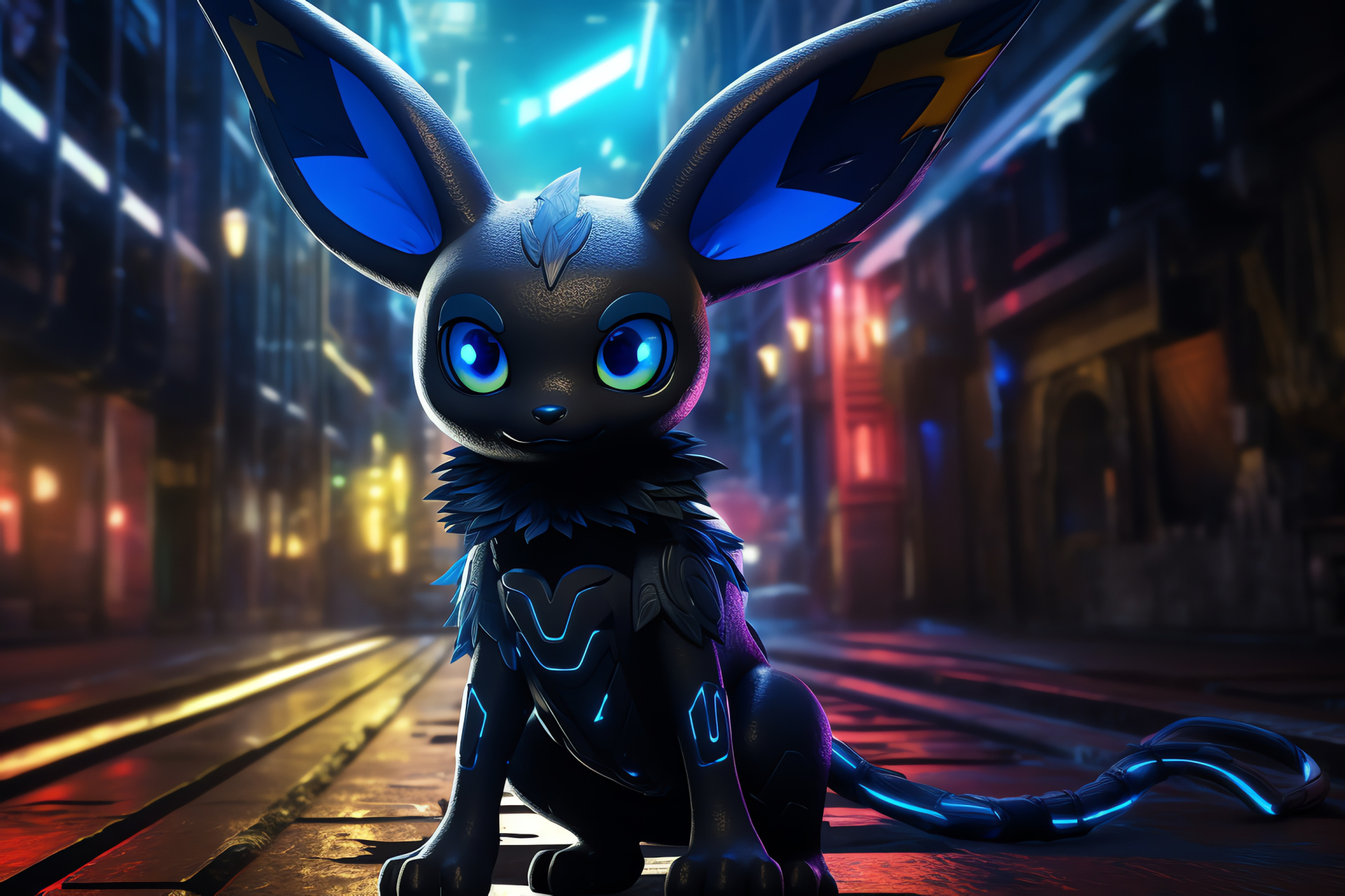 Umbreon Dark-type, Video game species, LED illumination, Enigmatic aura, Vibrant glow, HD Desktop Wallpaper