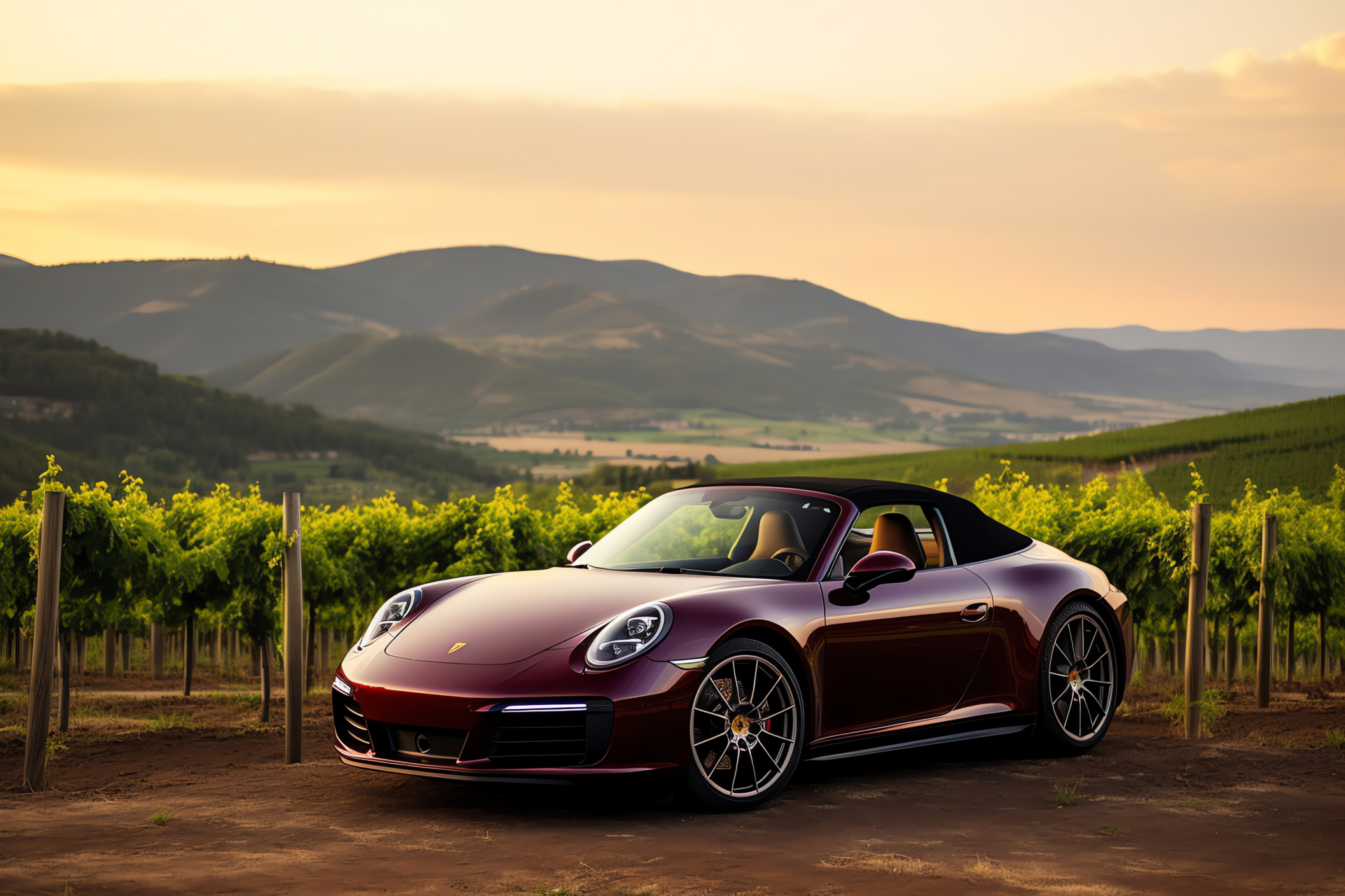 Porsche 911 Targa in Tuscany, Convertible experience, Countryside rolling hills, Vineyard elegance, Open-roof journey, HD Desktop Wallpaper