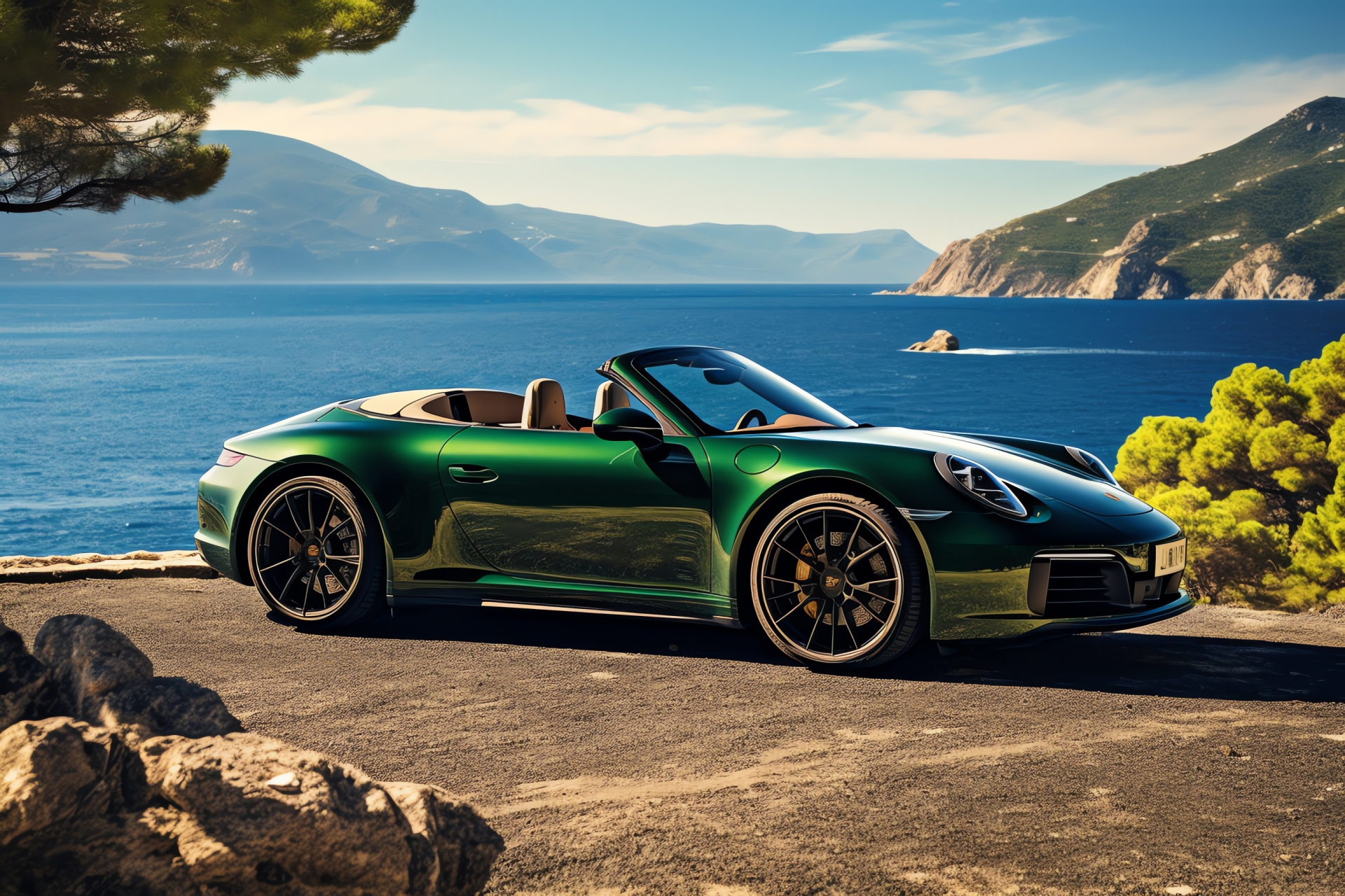 Targa 4 GTS in Hawaii, Vibrant aquamarine paint, Scenic island roads, Full profile car display, Lush tropical background, HD Desktop Wallpaper