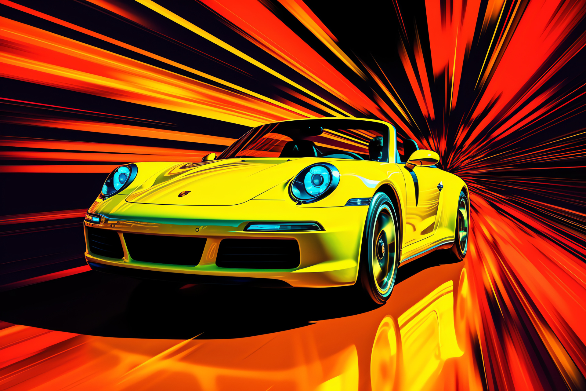 Porsche 911 Carrera, Elevated shooting angle, Bright yellow hue, Triple-tone aesthetic, City night glow, HD Desktop Image