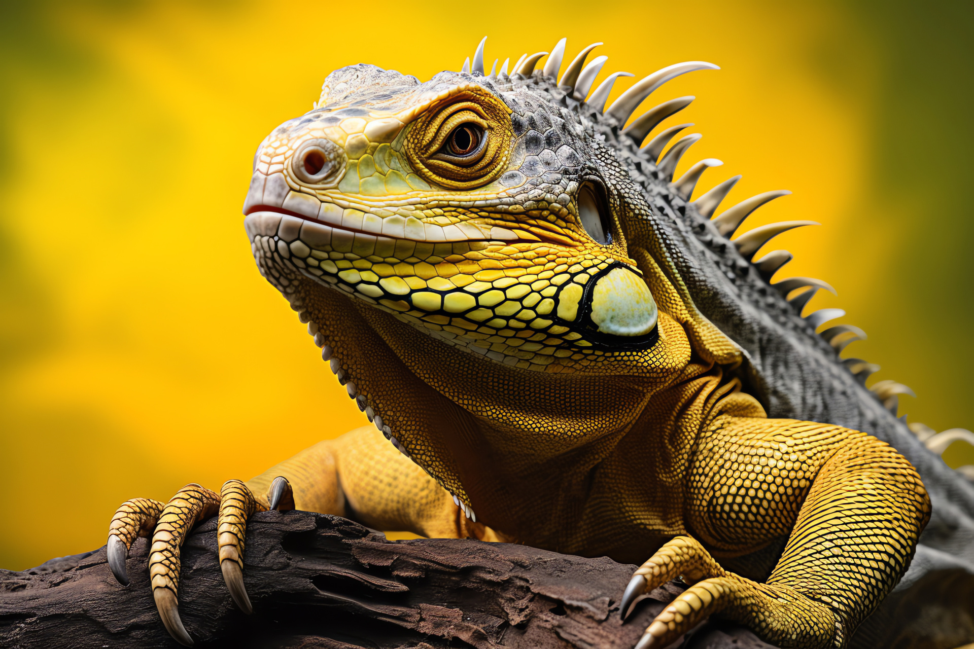 Iguana, reptilian curiosity, contrast backdrop, yellow irises, texture detail, HD Desktop Image