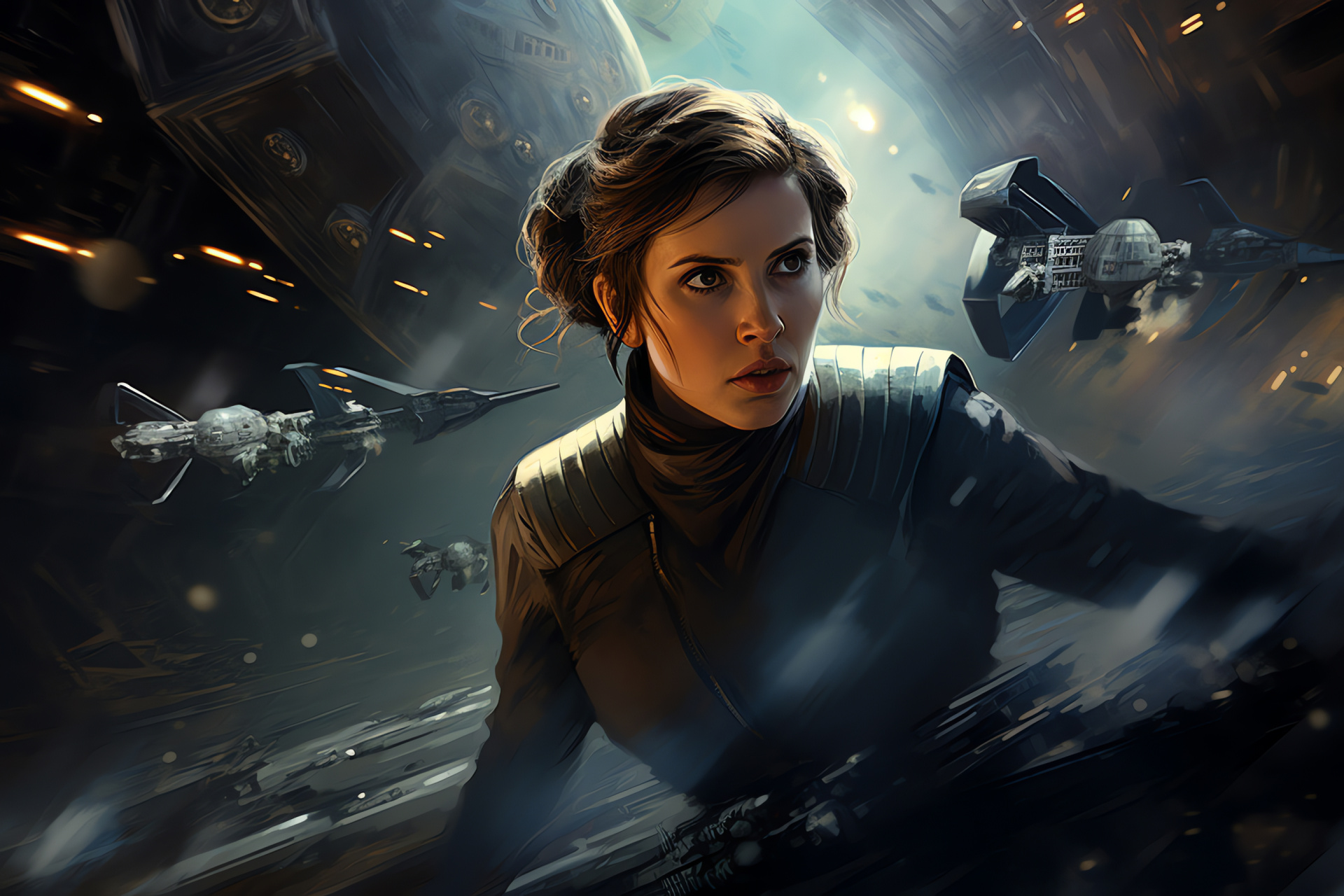 Princess Leia pilot, Mid-flight action, Star Wars fighter craft, Adept combat maneuvers, Galactic rebellion, HD Desktop Wallpaper