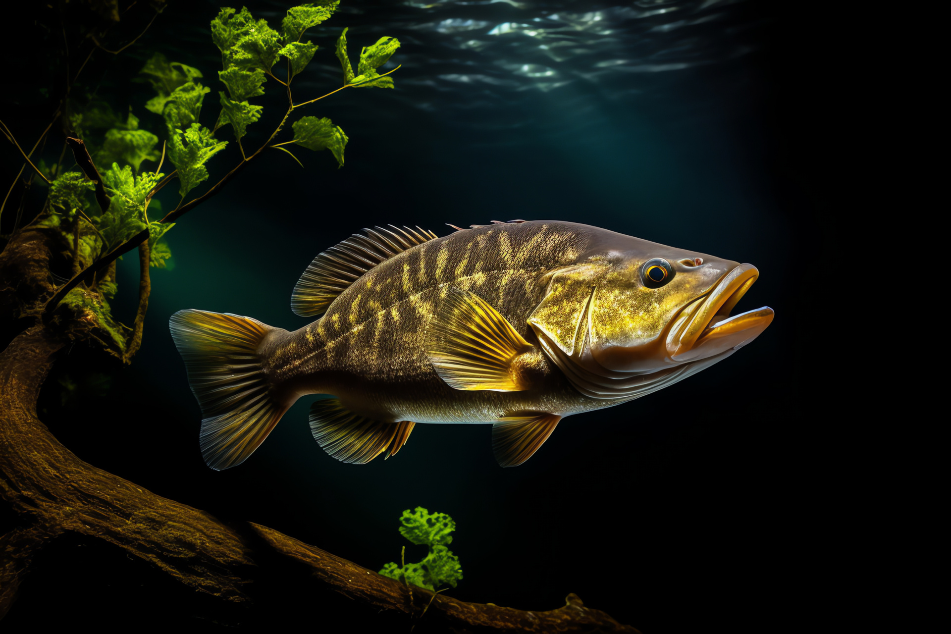 Aquatic hunter, submerged wooden structures, captivating fish gaze, sleek swimmer silhouette, aquatic shadows, HD Desktop Image