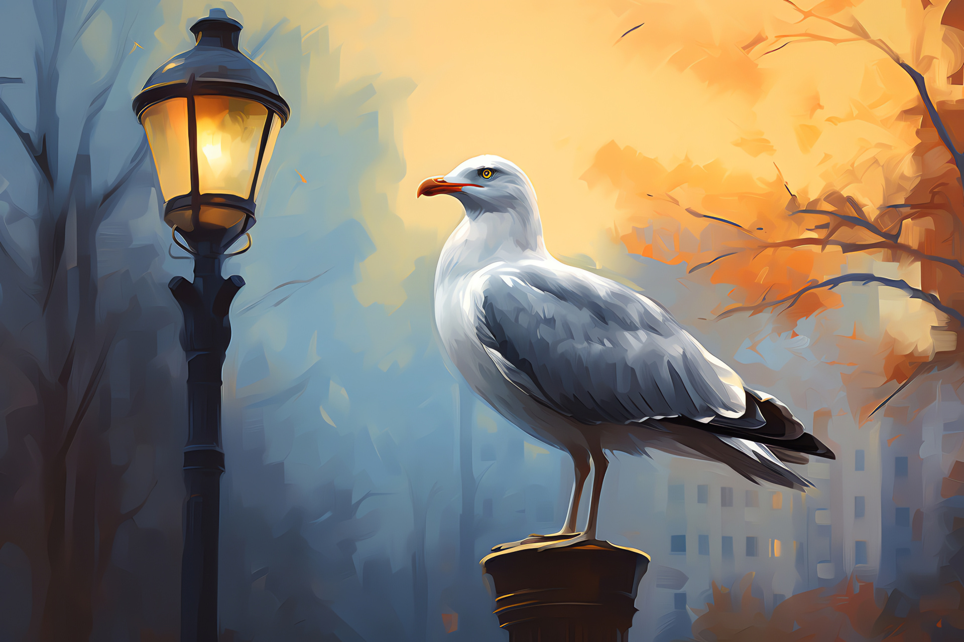 Seagull flight, urban wildlife, bird perched high, feathered creature, cityscape background, HD Desktop Image