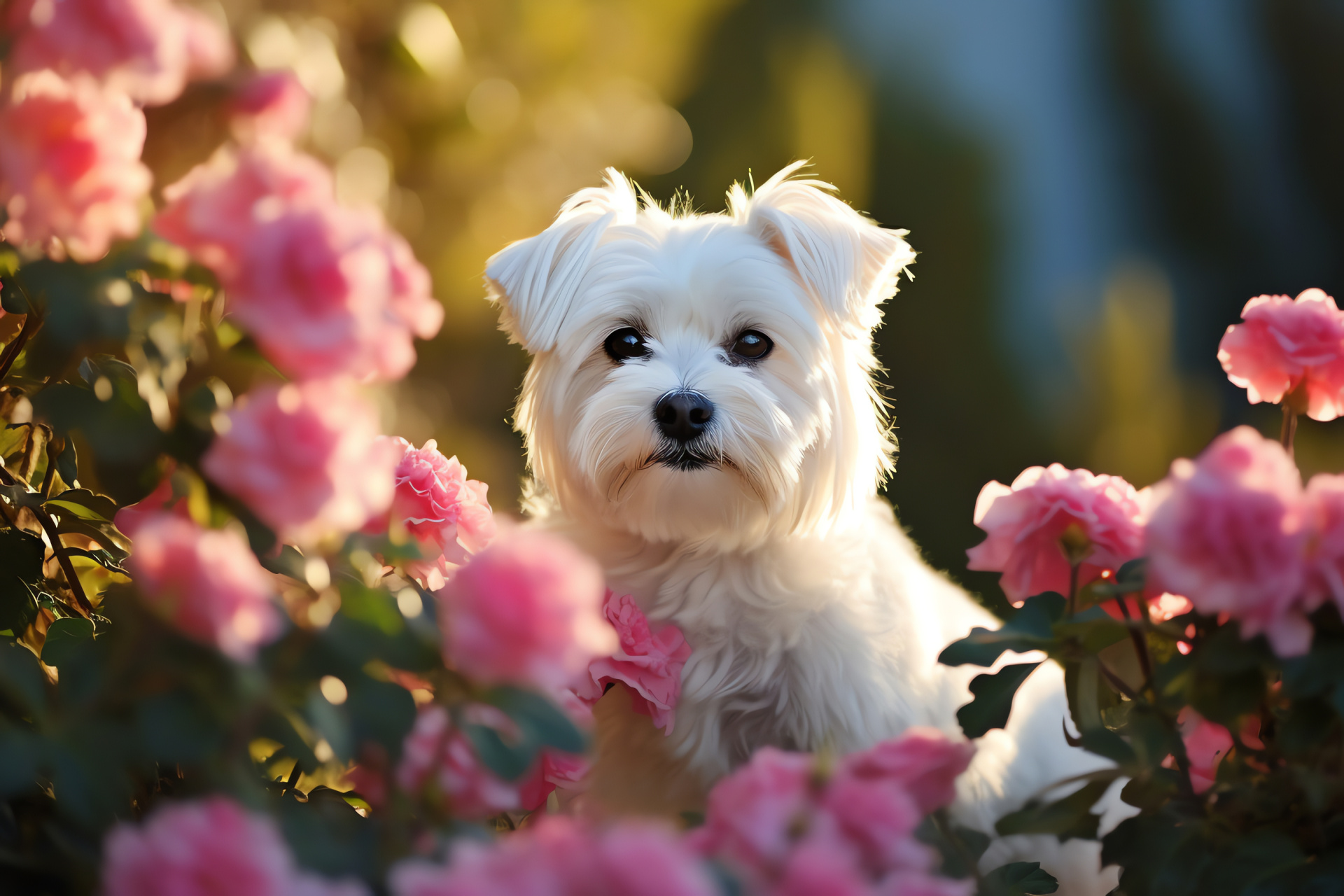 Maltese dog, black eyes, pure white coat, silky fur texture, rose bush flora, HD Desktop Image