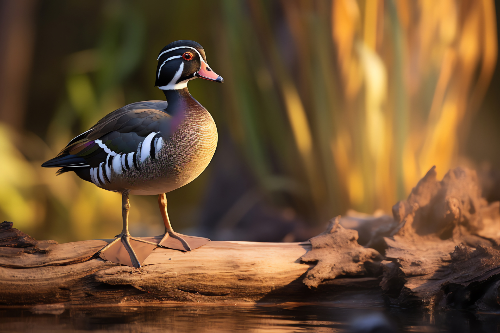 Absorbing sunlight Wood Duck, Aix sponsa leisure, Pond wildlife, Gradient background, Dabbling waterfowl, HD Desktop Wallpaper