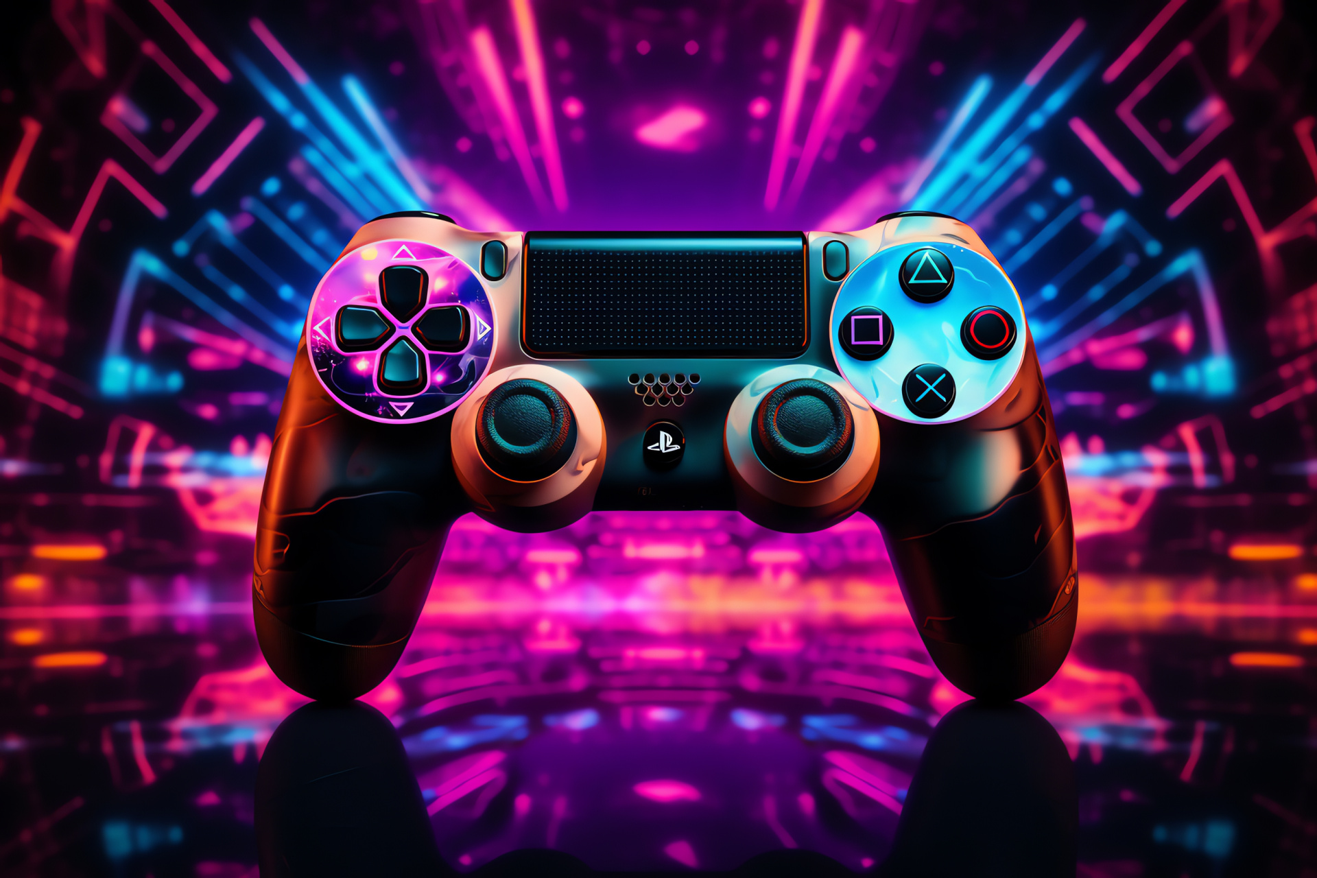 Playstation gaming accessory, Interactive gameplay, Bright neon backdrop, Gaming excitement, Energetic gaming session, HD Desktop Wallpaper