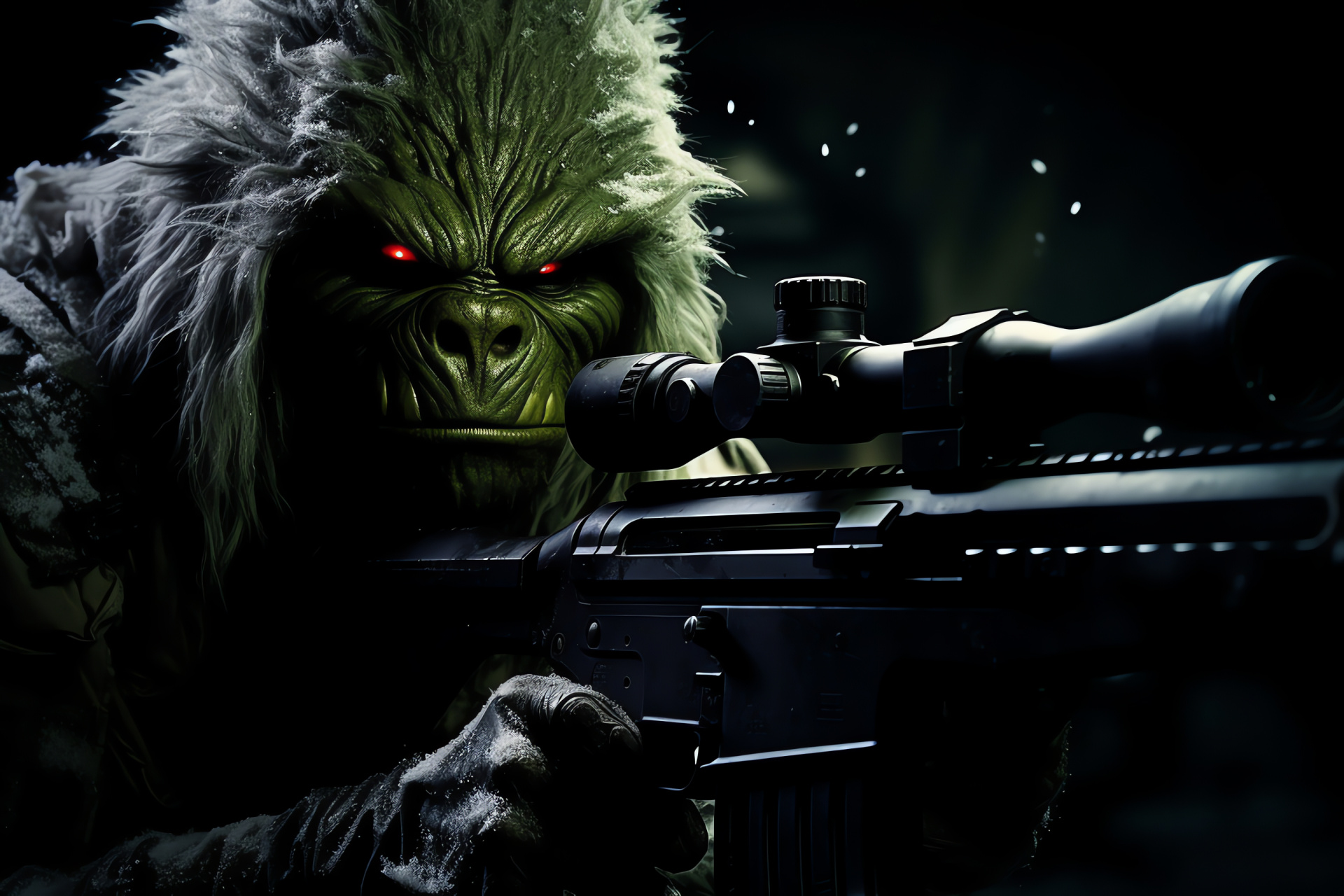 Stealth shooter Grinch, sniper precision, face paint, high-caliber firearm, operative solitude, HD Desktop Image