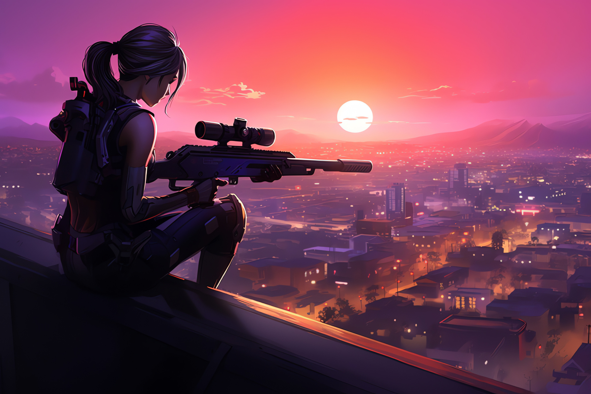 Widowmaker in Overwatch action, Sunset Hollywood scenery, Sharpshooting prowess, Digital entertainment, Dynamic character showcase, HD Desktop Wallpaper