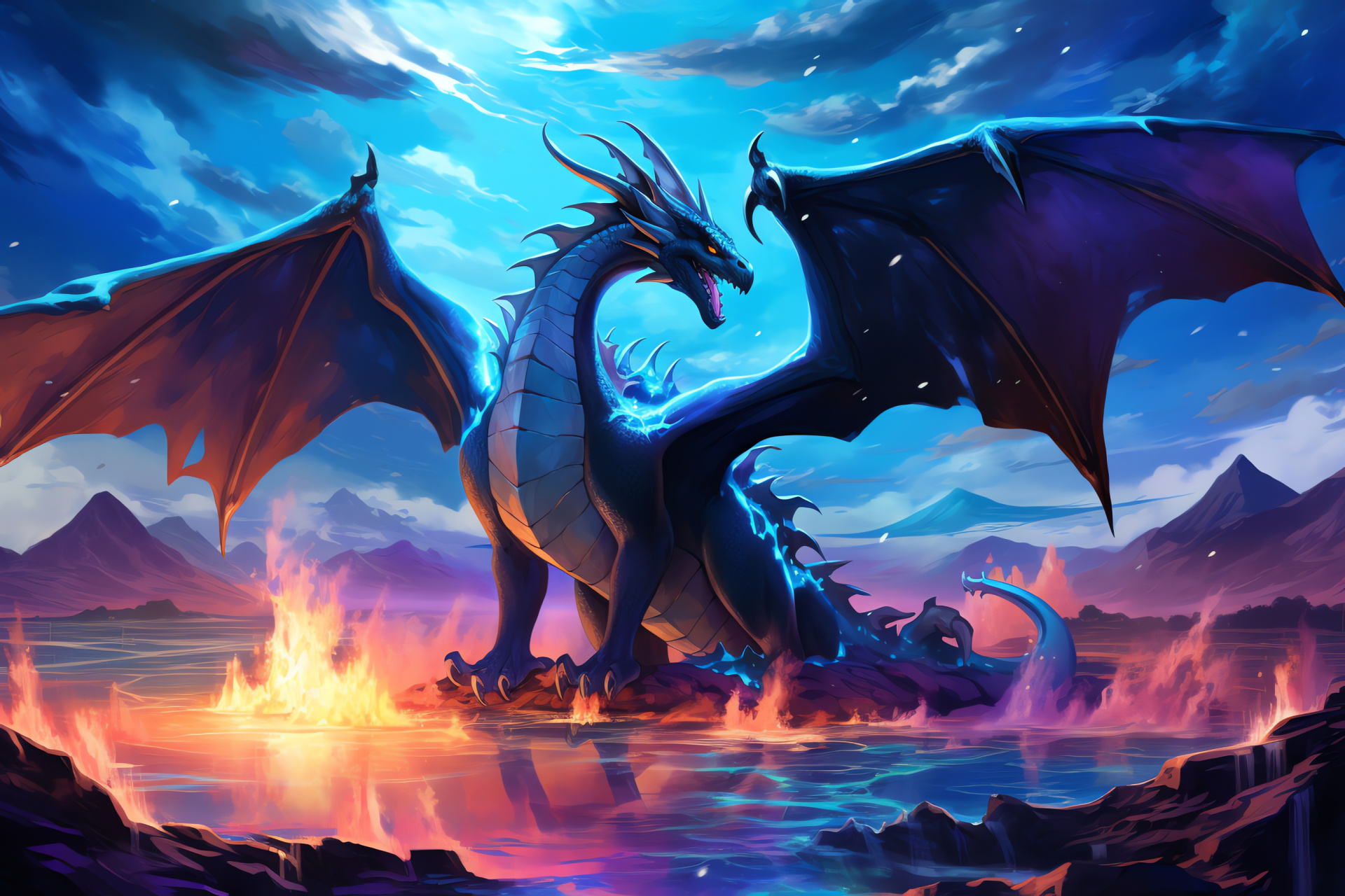 Gaming adventure, Charizard's might, Enchanted expanse, Suspended landmass, Mythical landscape, HD Desktop Wallpaper