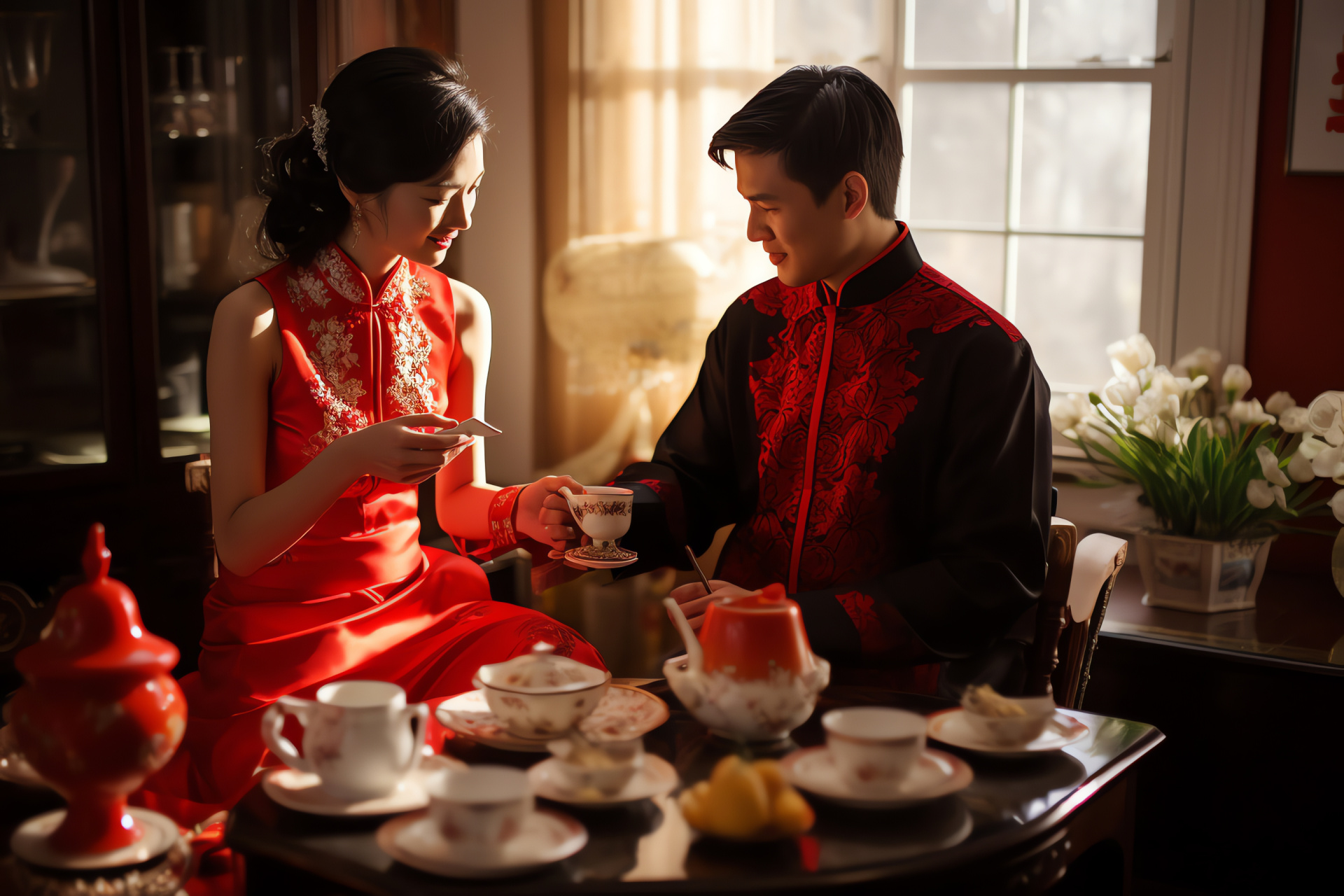 Traditional Chinese wedding, Tea ceremony ritual, Elegant living space, Radiant bride, Cultural celebration, HD Desktop Image