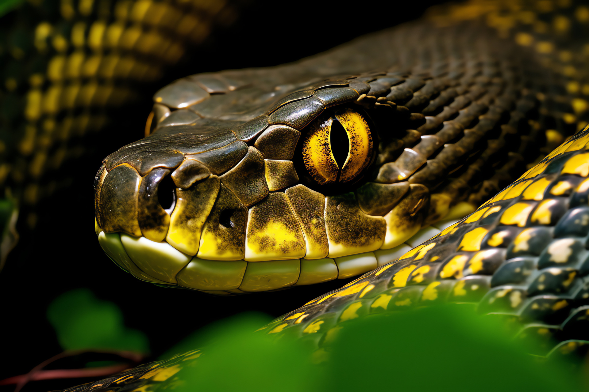 Venomous King Cobra, Predator gaze, Natural camouflage, Subcontinental serpent, Jungle textures, HD Desktop Image