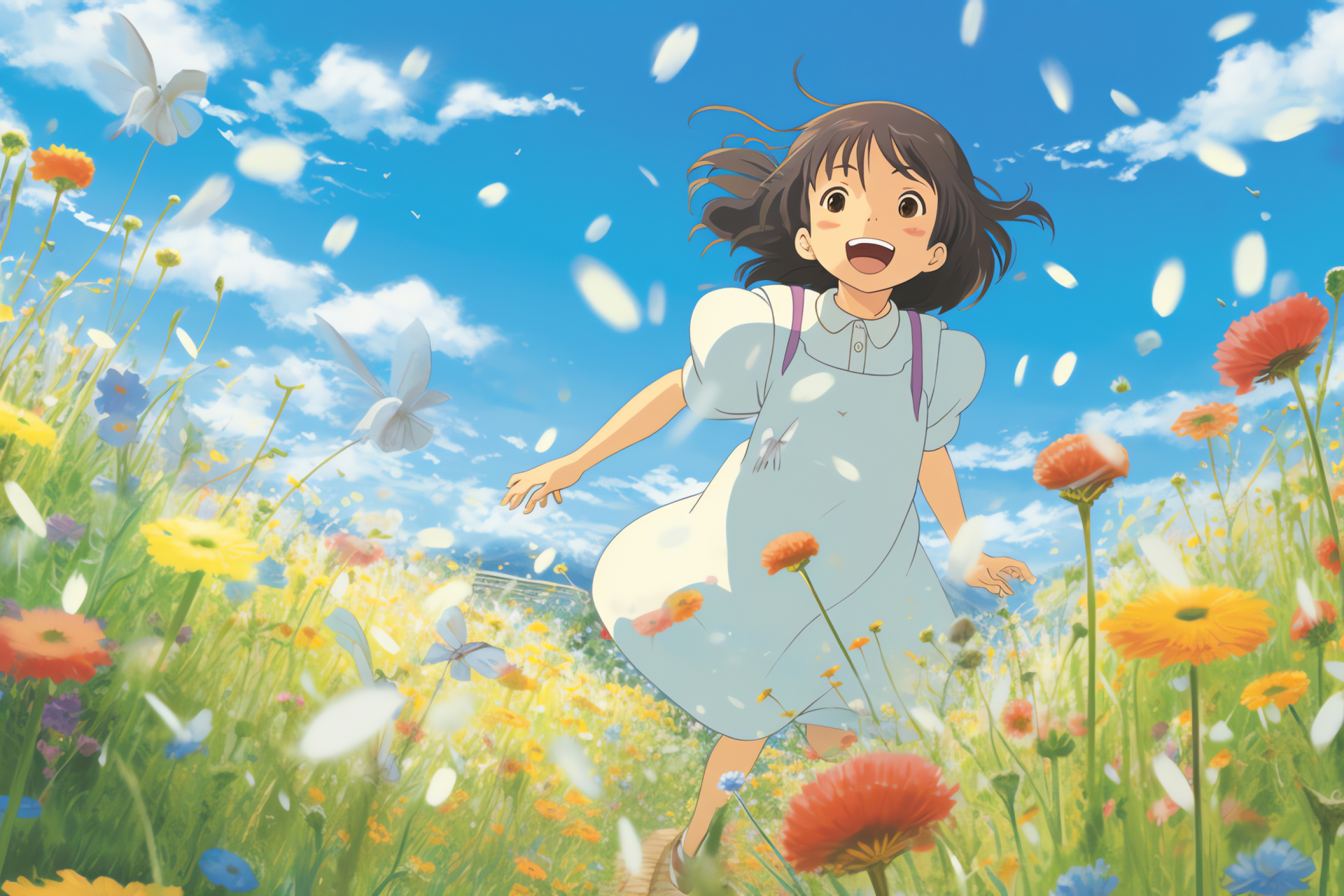 Studio Ghibli's creation, Young characters Mei and Satsuki, Animated critters, Grassland setting, Japanese animation, HD Desktop Image