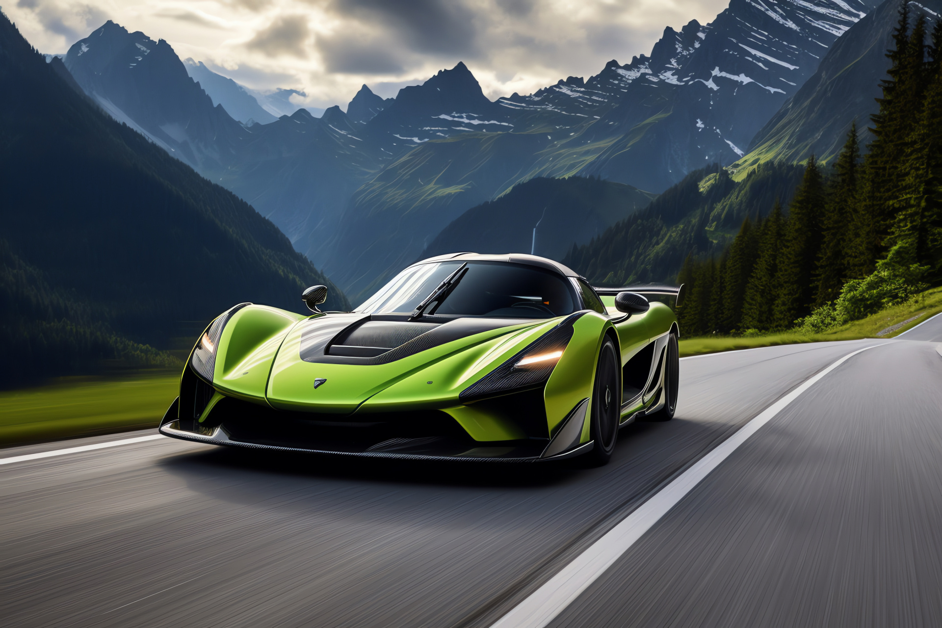 Swedish hypercar Koenigsegg, Jesko Absolut model, Mountainous Swiss roads, Superior engineering drive, HD Desktop Image