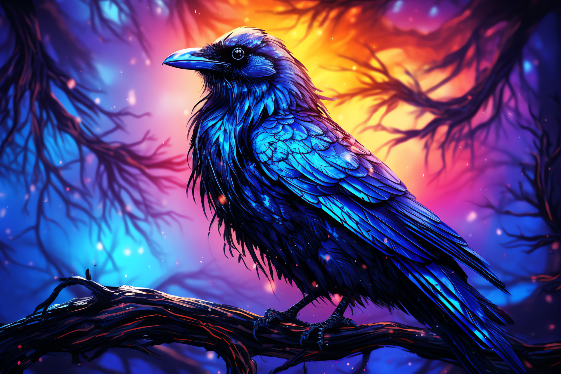 Raven bird mystery, shimmering indigo plumage, captivating emerald stare, enchanted forest presence, solitary perching, HD Desktop Wallpaper