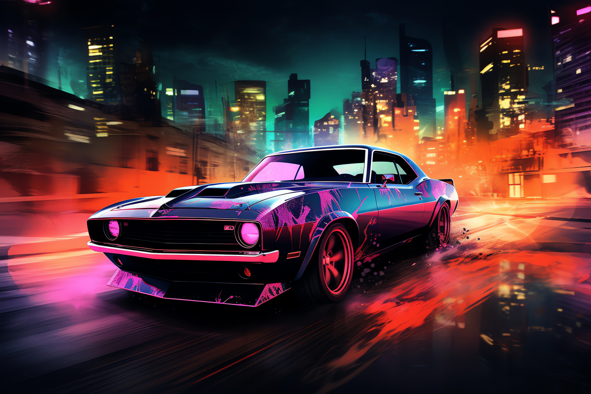 Muscle vehicle, Metropolitan neon nightscape, Street art flair, Car urban display, Atmospheric perspective, HD Desktop Wallpaper