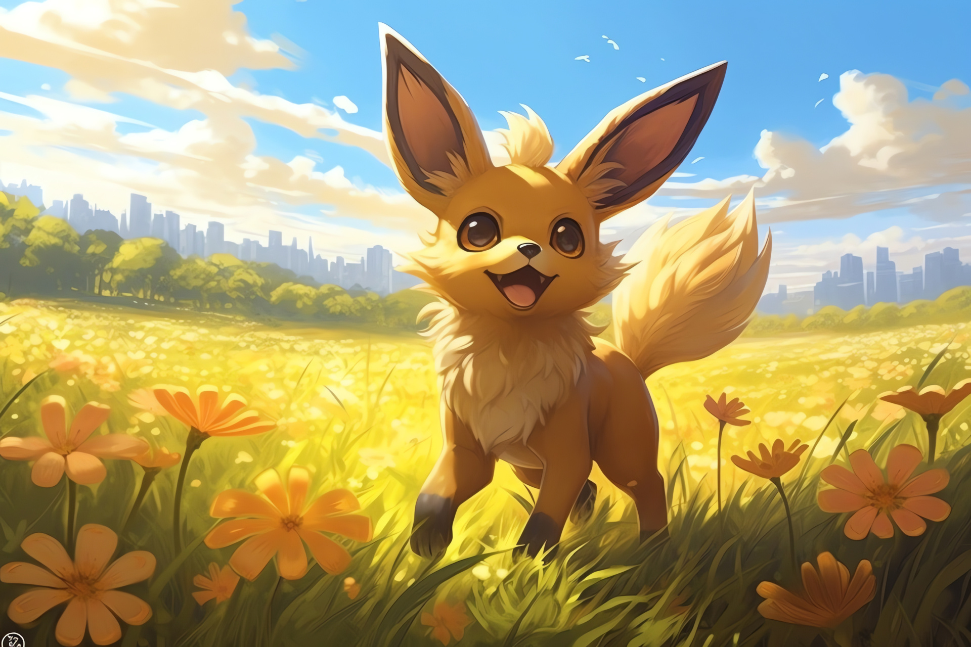 Pokemon Eevee, grassy field, blooming flora, jovial creature, Pokemon universe, HD Desktop Image