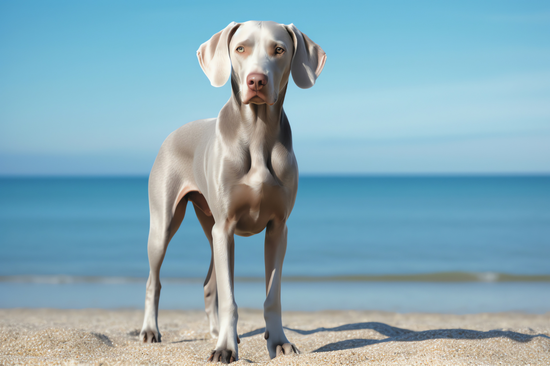 Weimaraner coastal setting, Dog walking, Seashore photo op, Calm canine, Outdoor adventure, HD Desktop Wallpaper