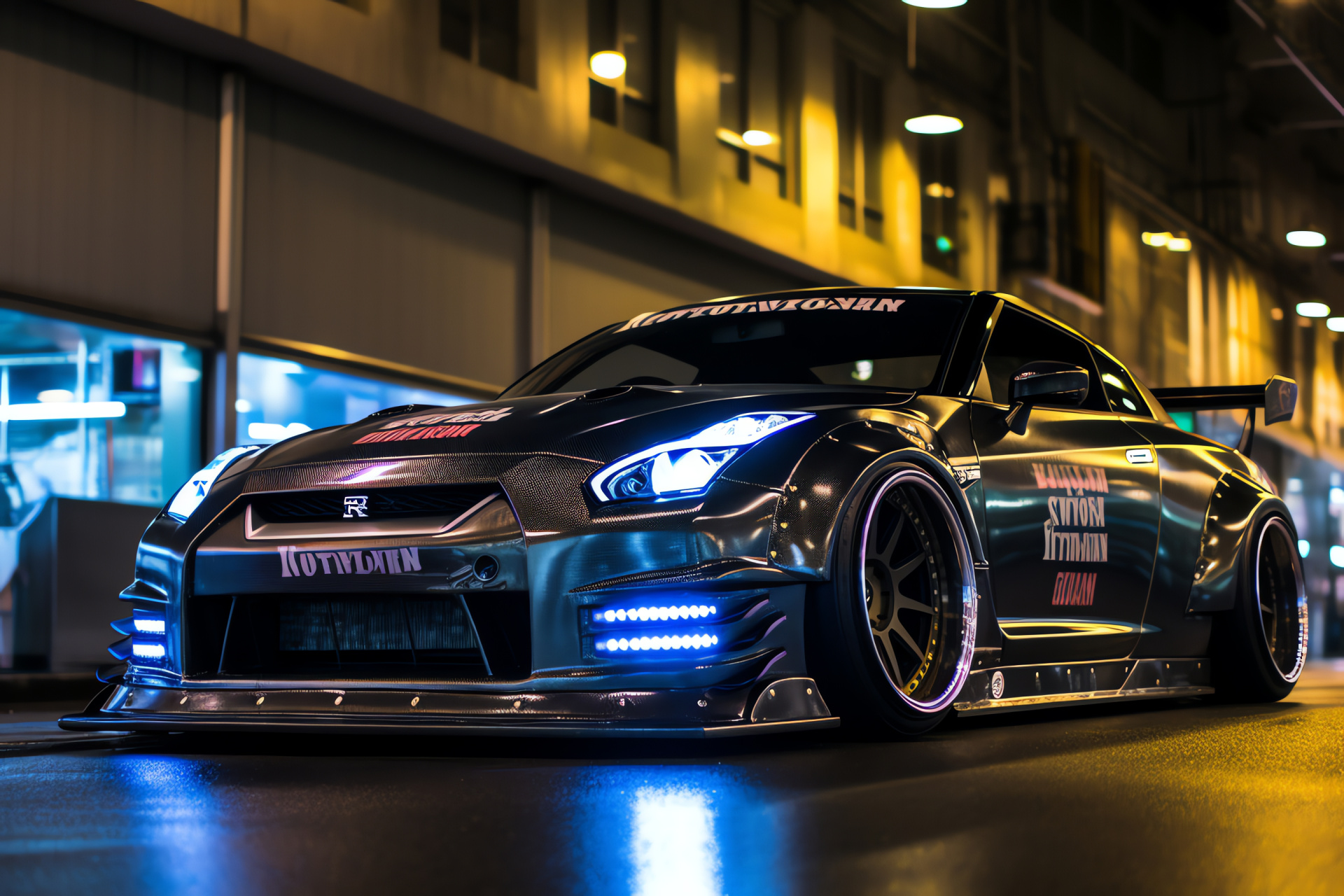 Nissan GTR Liberty Walk Shibuya Tokyo, Intense car graphics, Modified exterior, High-gloss automotive paint, Electric city vibe, HD Desktop Wallpaper