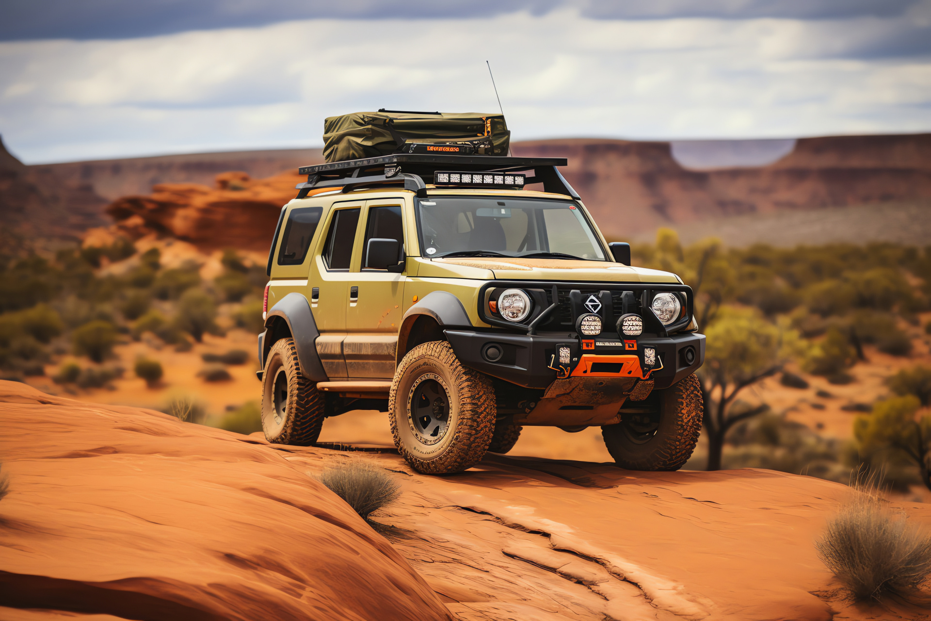 Suzuki Jimny Sierra 4x4, Off-road adventure, Australian Outback tour, All-terrain vehicle, Rough landscape challenge, HD Desktop Image