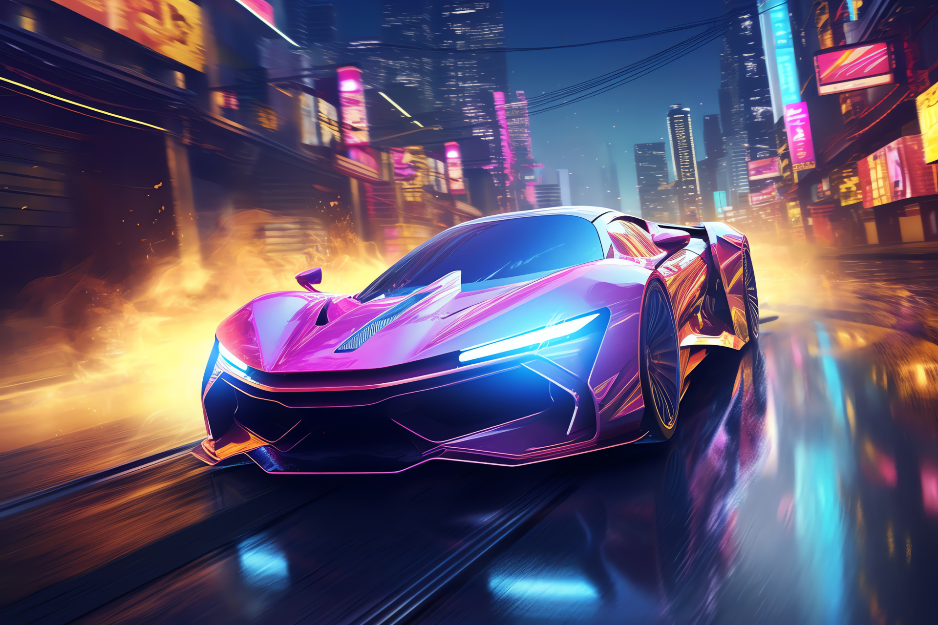 Electric hypercar concept, Neon realm flyover, Ultramodern transportation, Zero-emission vehicle, Sci-tech automotive future, HD Desktop Wallpaper