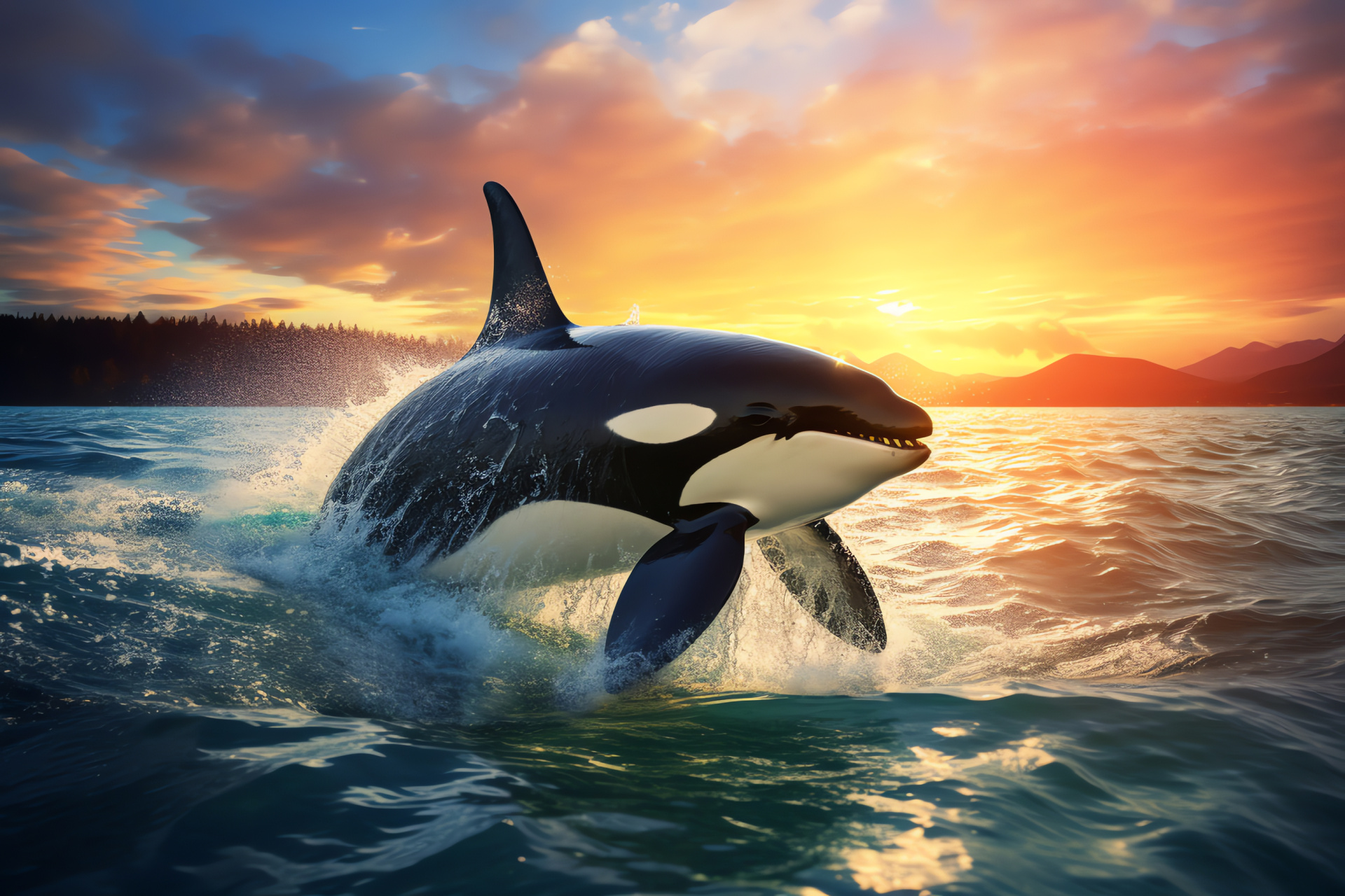 Orca acrobatics, Aquatic elegance, Sunlit leap, Ocean vastness, Blue expanse, HD Desktop Image