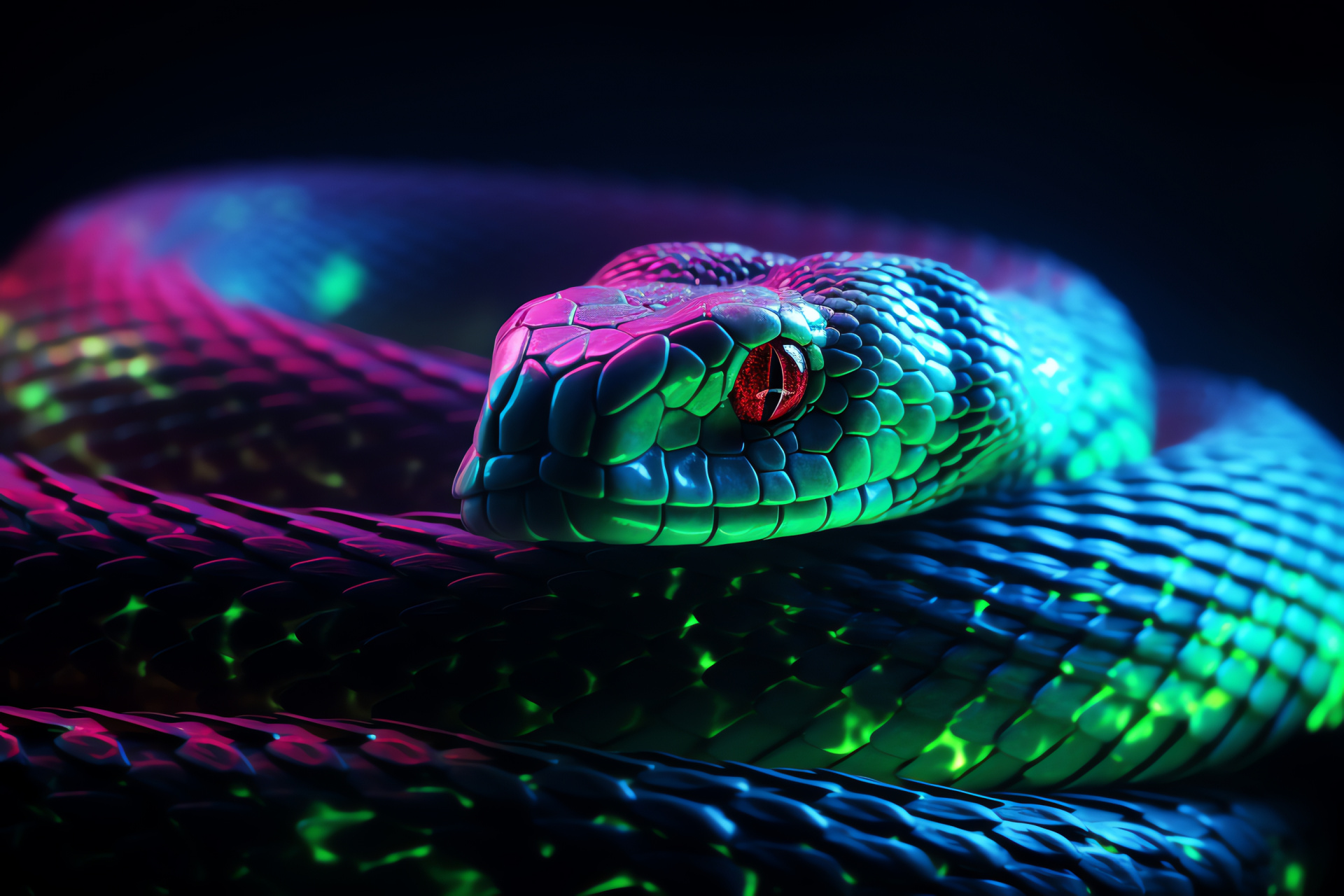 Neon Snake, vibrant green scales, three-tone backdrop, reptilian glow, HD Desktop Image